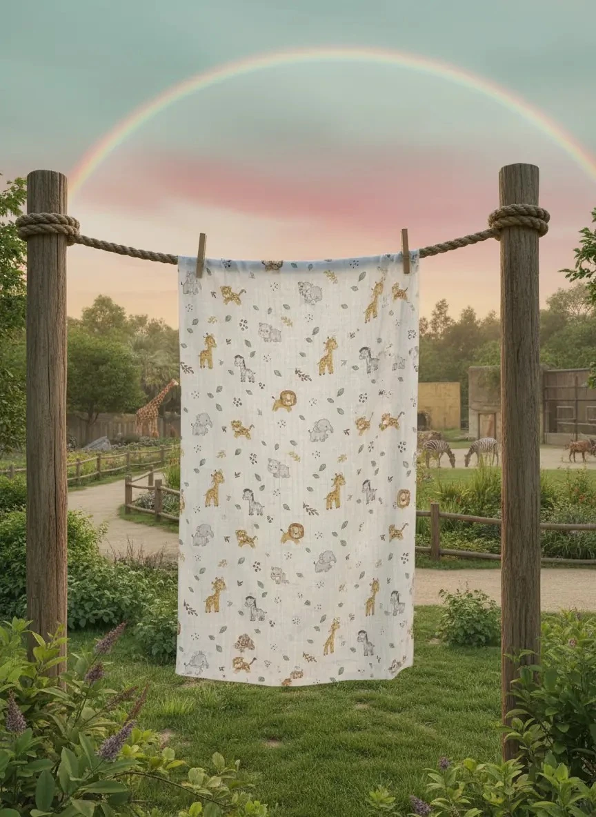 Hayvanlar Alemi Desen ve Düz Renkli 2'li Bebek Müslin Örtü Seti