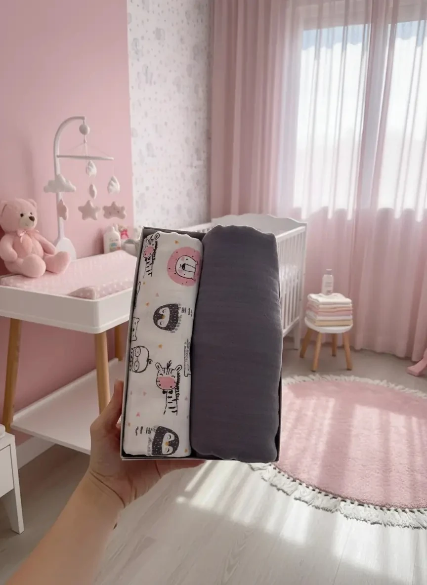 Neşeli Hayvanlar ve Düz Renkli 2'li Bebek Müslin Örtü Seti