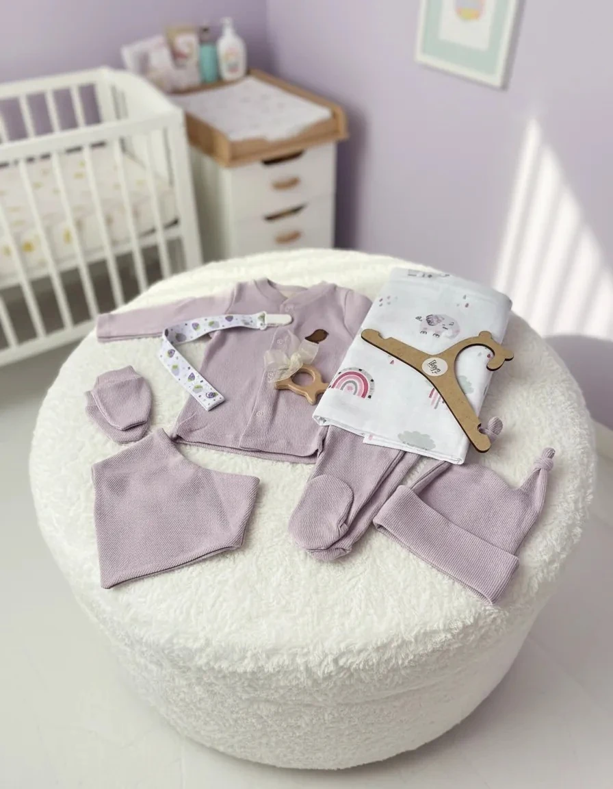 7 Parça Lila Pamuk & Müslin Bebek Hastane Çıkış Seti | Diş Kaşıyıcı Hediyeli!