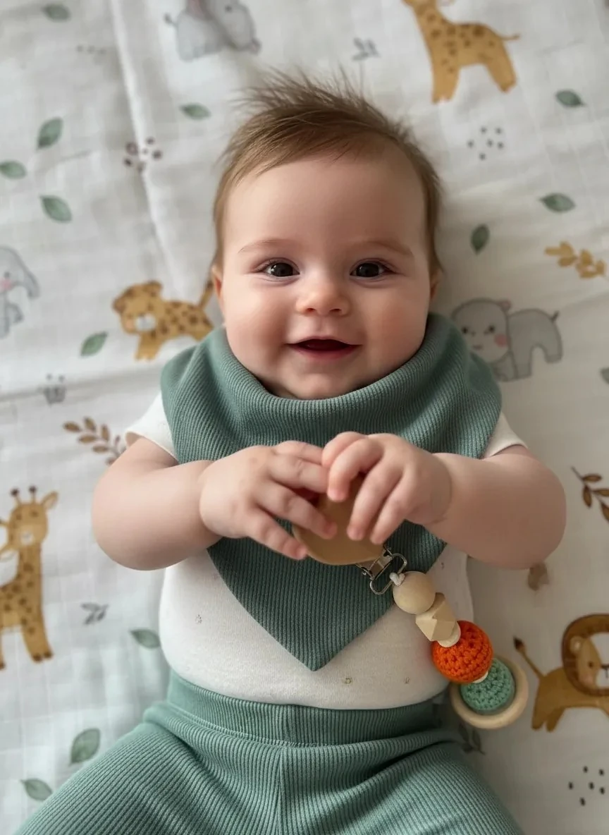 Mint Yeşili Yenidoğan İlk Ay Seti – Fitilli Tayt, Fular, Emzik Askısı ve Desenli Müslin Örtü Takım