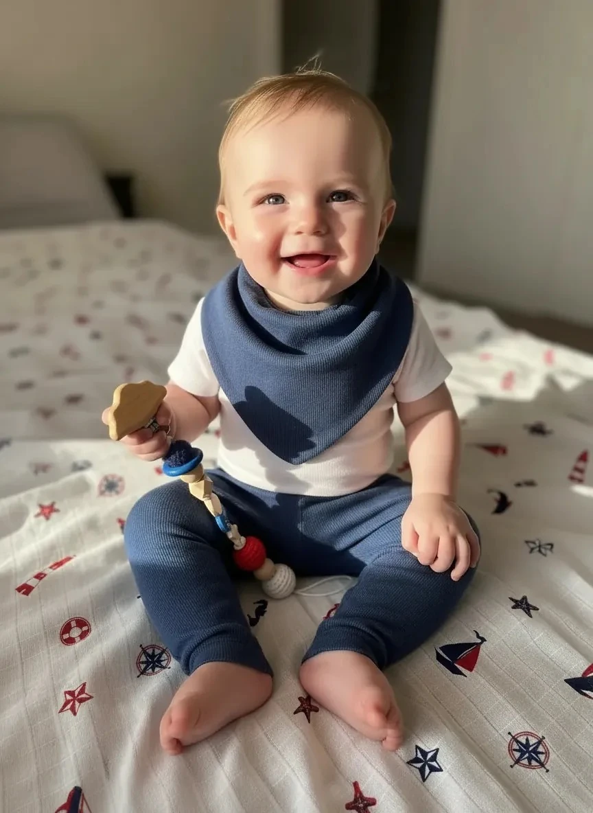 Lacivert Yenidoğan İlk Ay Seti – Fitilli Tayt, Fular, Emzik Askısı ve Desenli Müslin Örtü Takım