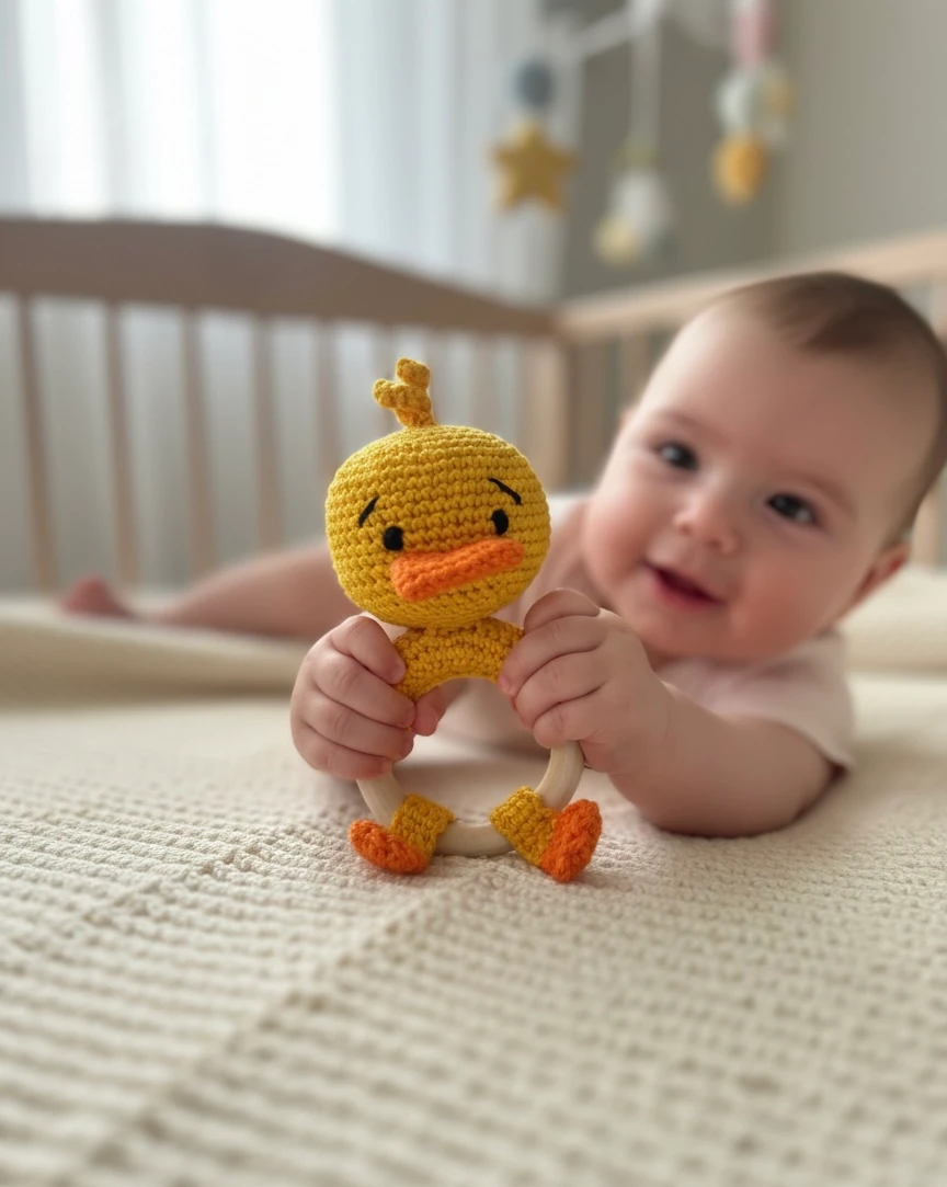 Ördekli Amigurumi El Örgüsü Çıngırak Oyuncak