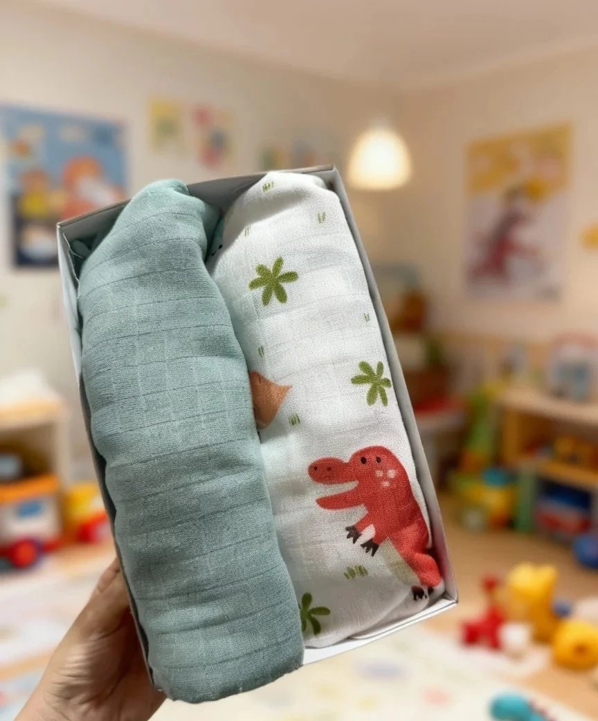 Dinozor Desenli ve Düz Renkli 2'li Bebek Müslin Örtü Seti