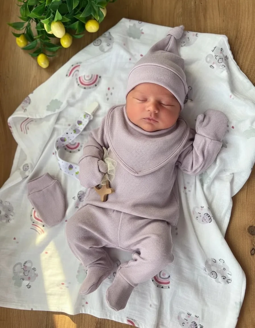 7 Parça Lila Pamuk & Müslin Bebek Hastane Çıkış Seti | Diş Kaşıyıcı Hediyeli!