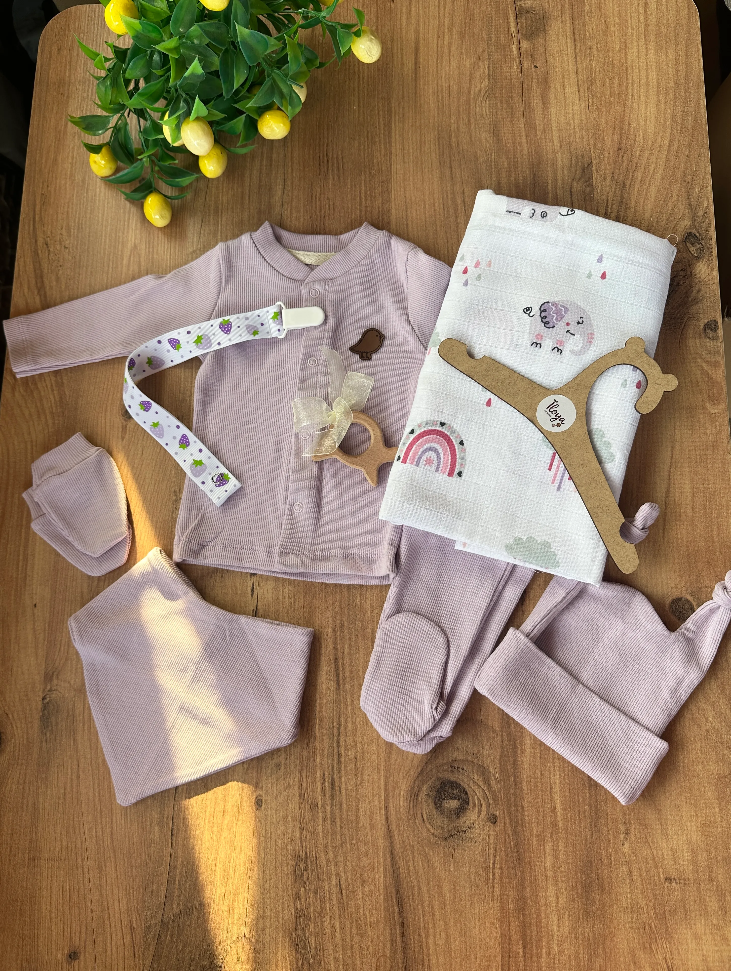 7 Parça Lila Pamuk & Müslin Bebek Hastane Çıkış Seti | Diş Kaşıyıcı Hediyeli!