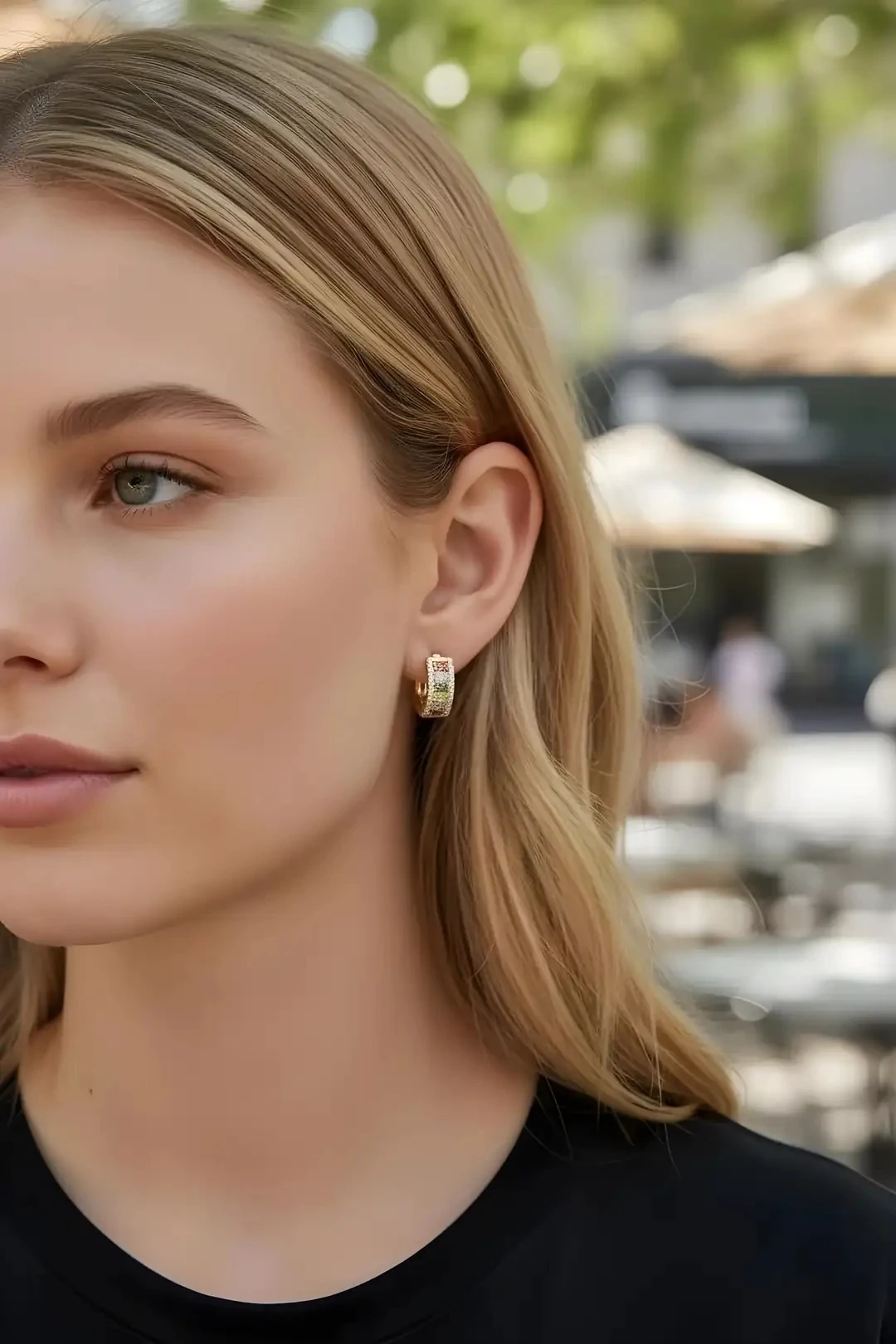 Renkli Baget Taşlı Halka Küpe -Altın Kaplama 