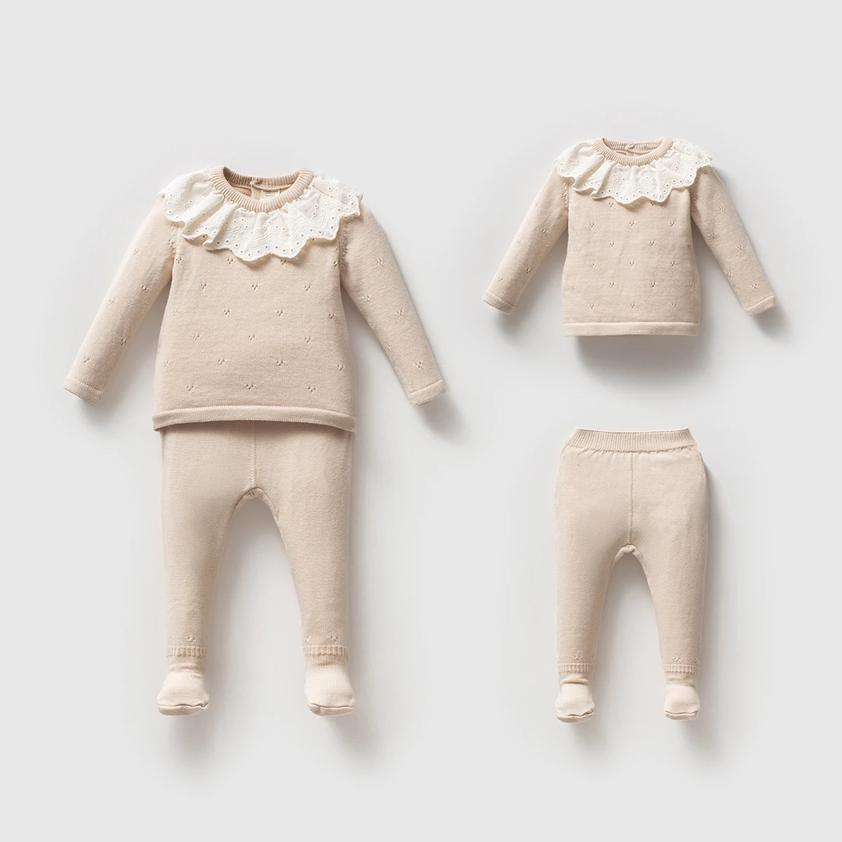 8345N-بيج نيبرلاند بدلة من قطعتين مع ياقة دانتيل للبنات من عمر 3-6-9-12 شهرًا