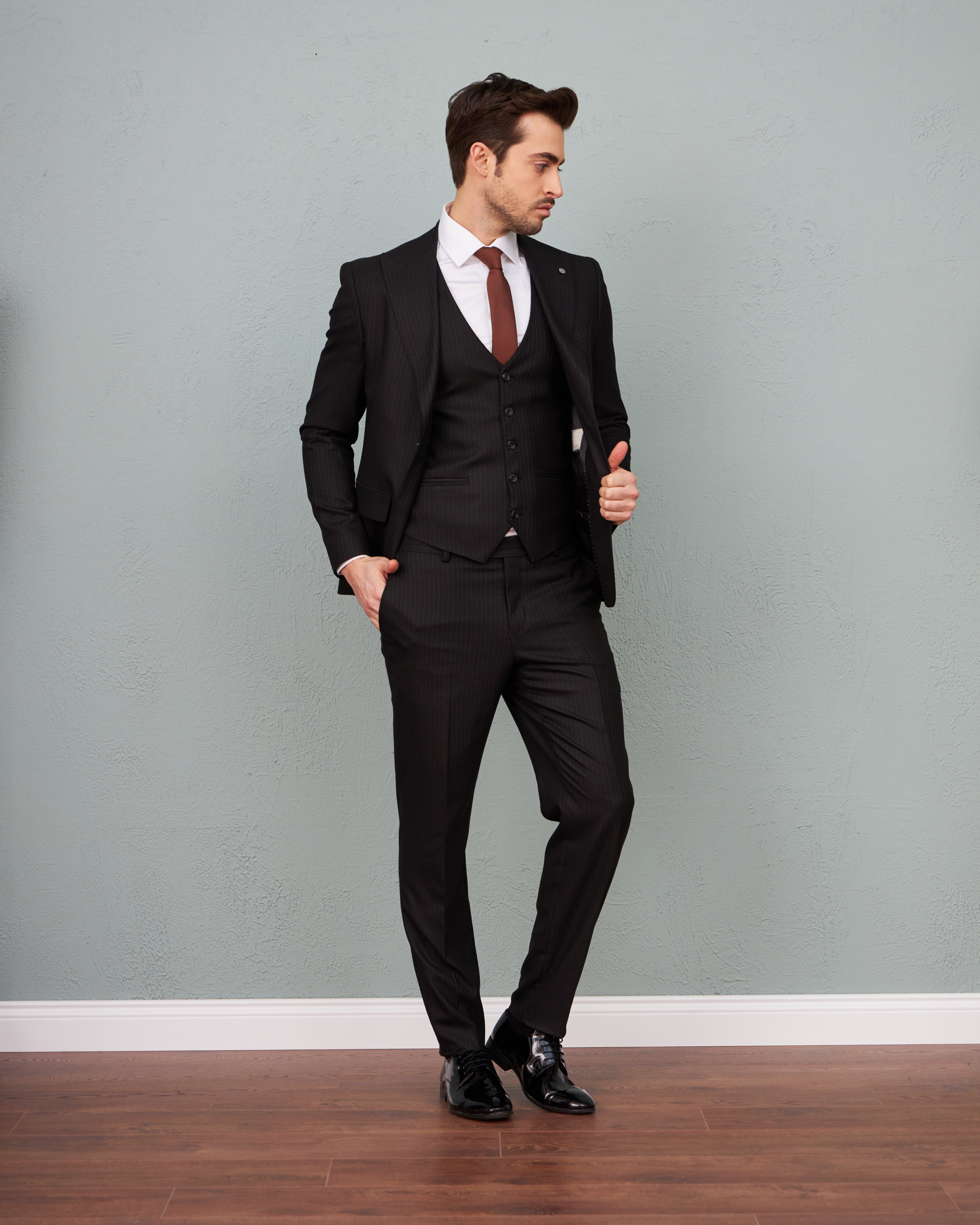 Mehmet Emin Teke Men's Wear Black striped 3 -suit suits