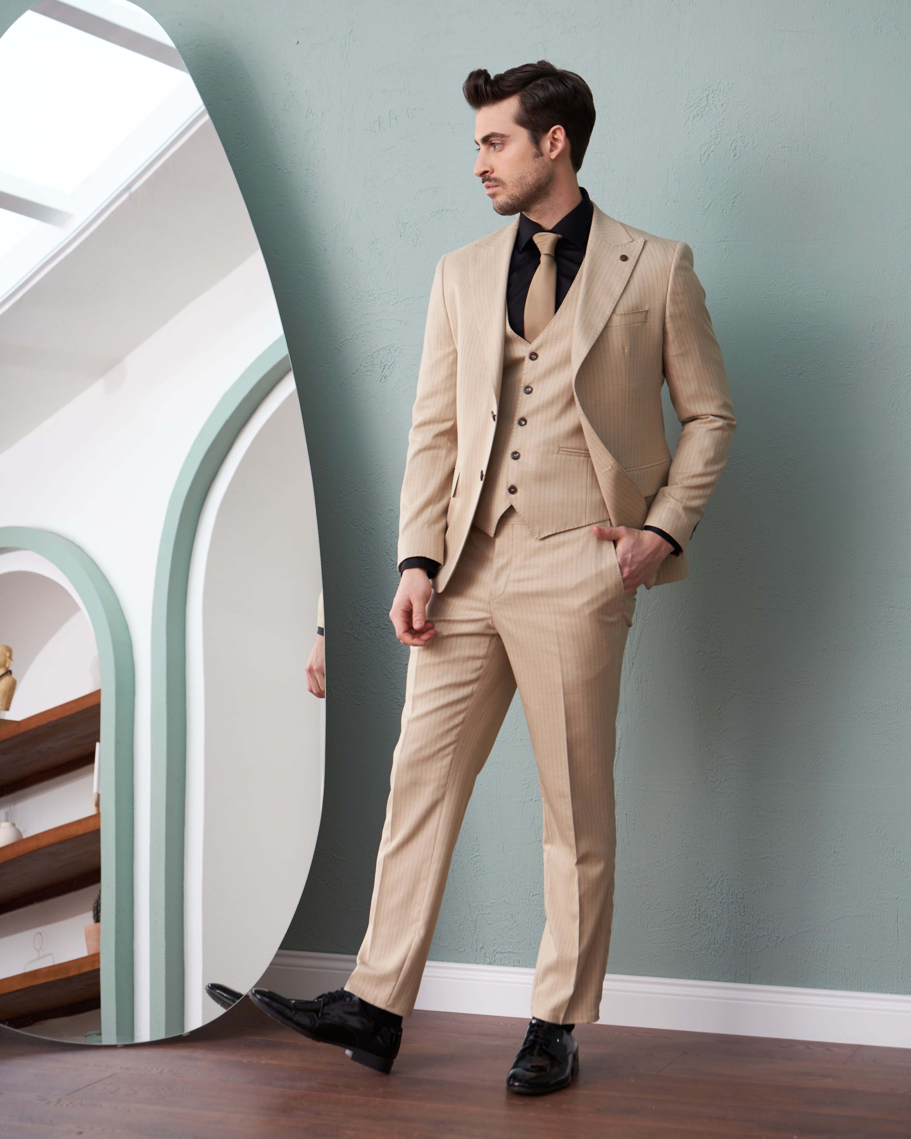 Mehmet Emin Teke Men's Wear Cream striped 3 -suit suits