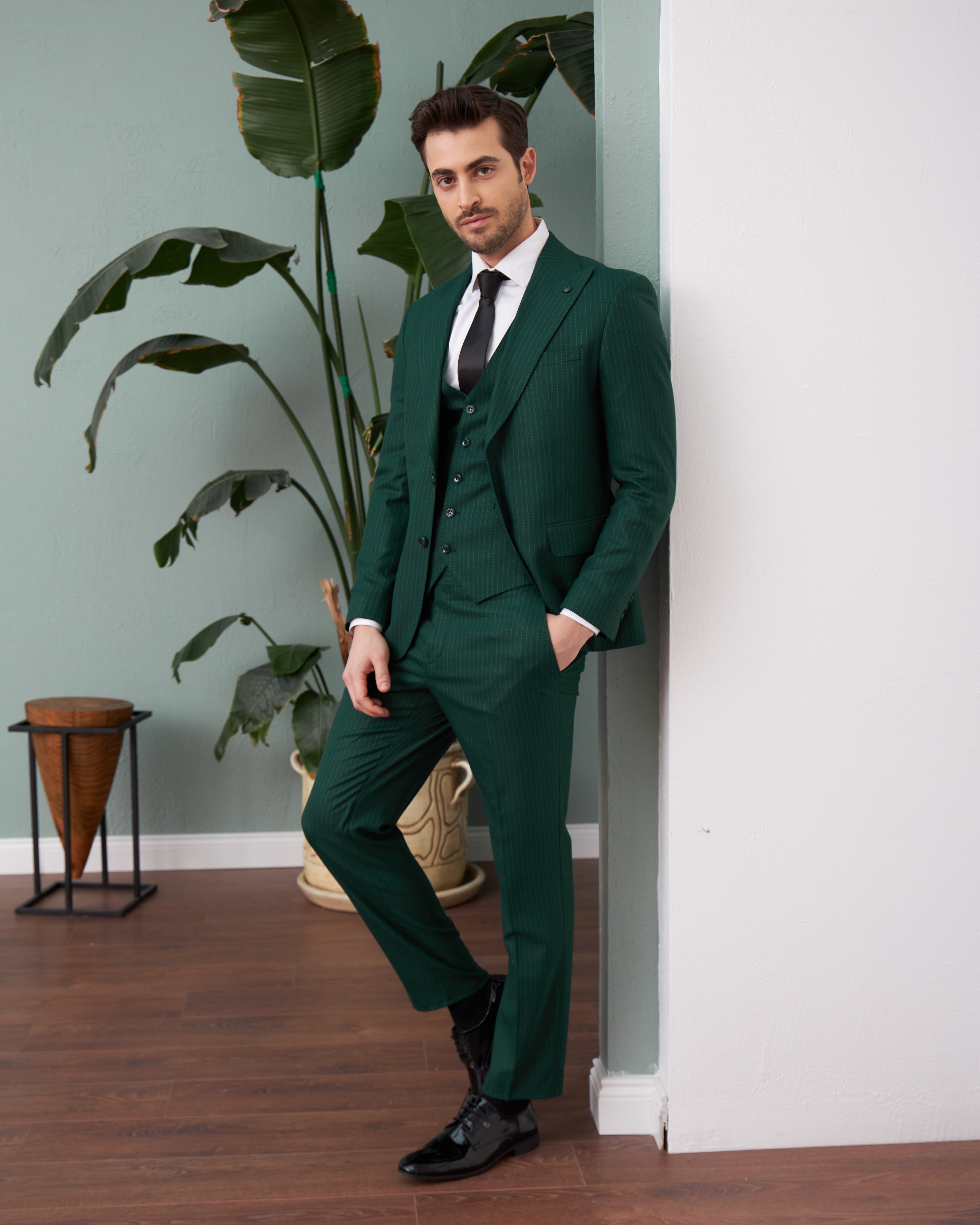 Mehmet Emin Teke Men's Wear Green striped 3 -suit suits
