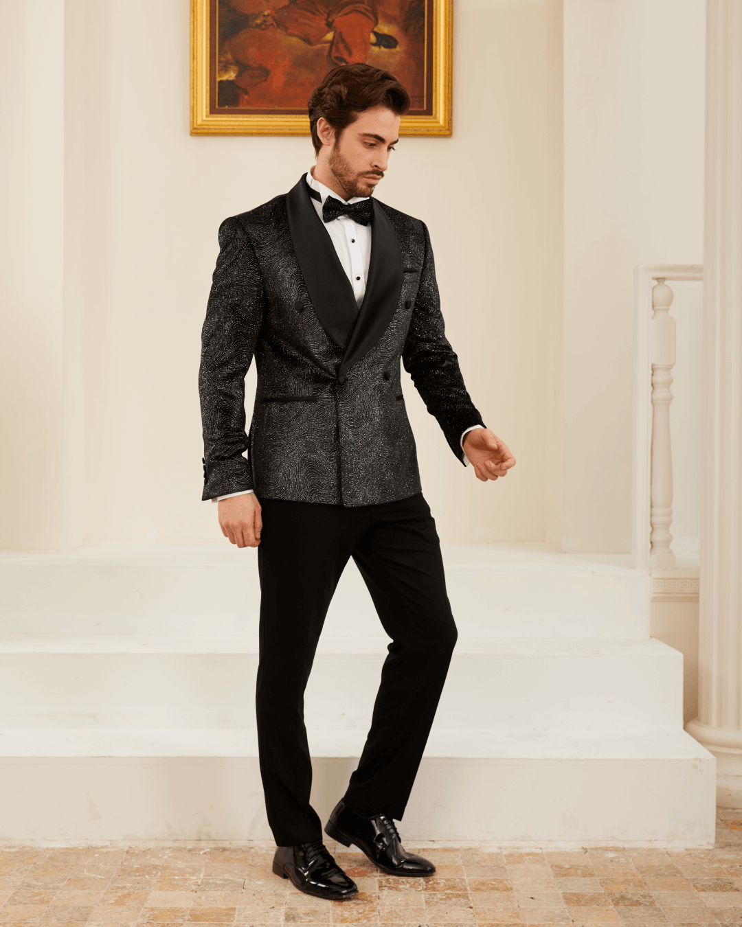 MEHMET EMİN TEKE MEN'S WEAR ŞAL YAKA 2'Lİ DAMATLIK KADİFE PUL DESENLİ SİYAH