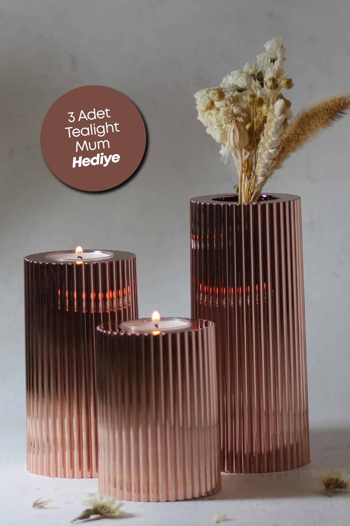 3 Lü Bakır Krom Tırtıklı Yüzey Mumluk Dekoratif  Tealight Set Mum Abs Plastik