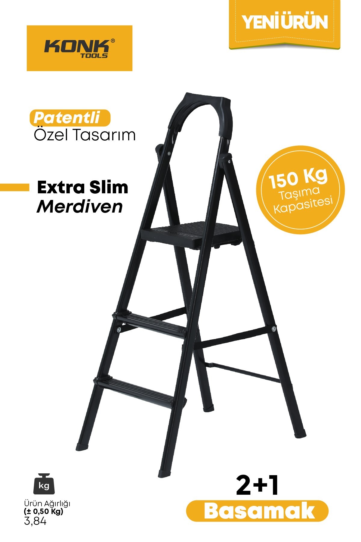 Extra Süper Slim Siyah Merdiven 2+1 Metal Basamaklı Vera2