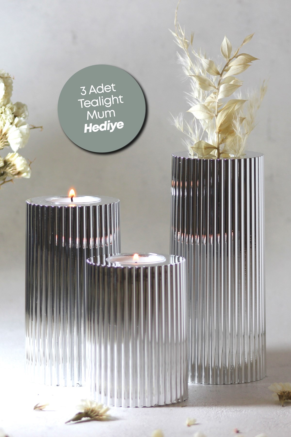 3 Lü Silver Gümüş Krom Tırtıklı Yüzey Mumluk Dekoratif  Tealight Set Mum Abs Plastik Gümüş