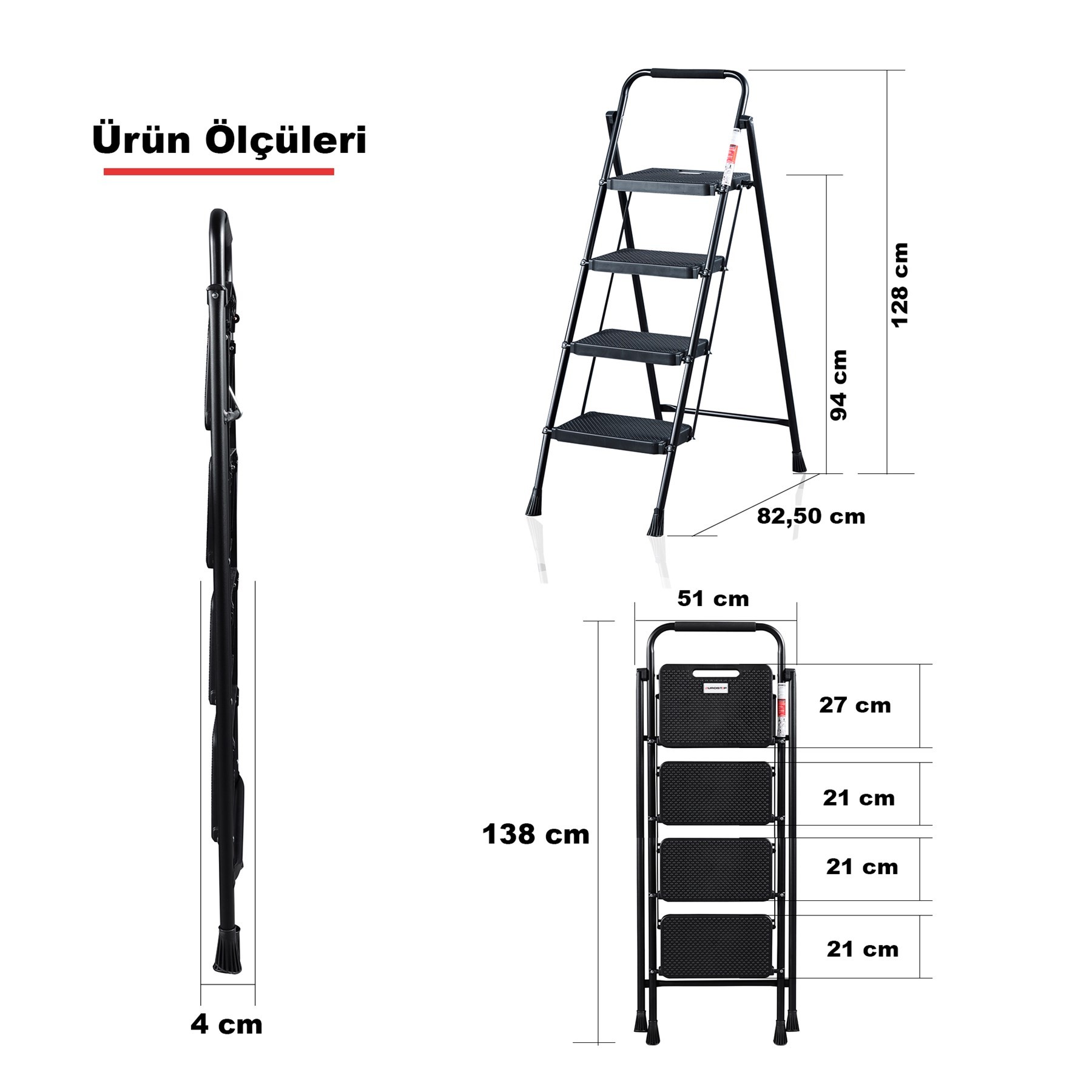 4 Basamak Siyah Merdiven Geniş Basamaklı EUROTOWER, ET4