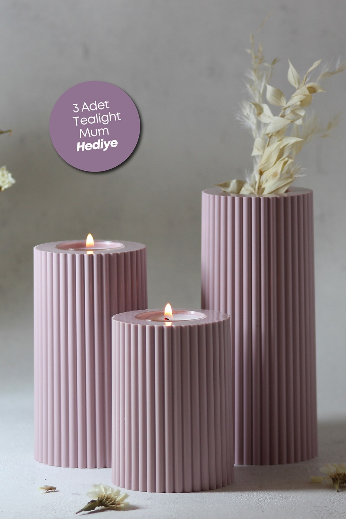 3 Lü Lila Mumluk Dekoratif  Tealight Set Mum Abs Plastik