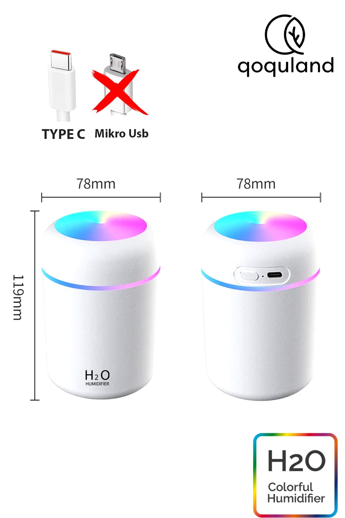 Şarjlı H2o 300 Ml Ultrasonik Hava Nemlendirici Ve Aroma Difüzörü Type C Girişli