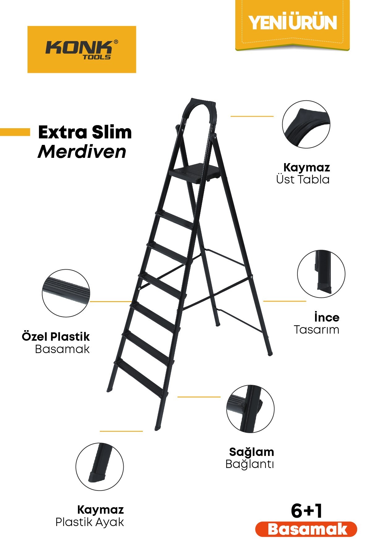 Extra Süper Slim Siyah Merdiven 6+1 Metal Basamaklı Vera6