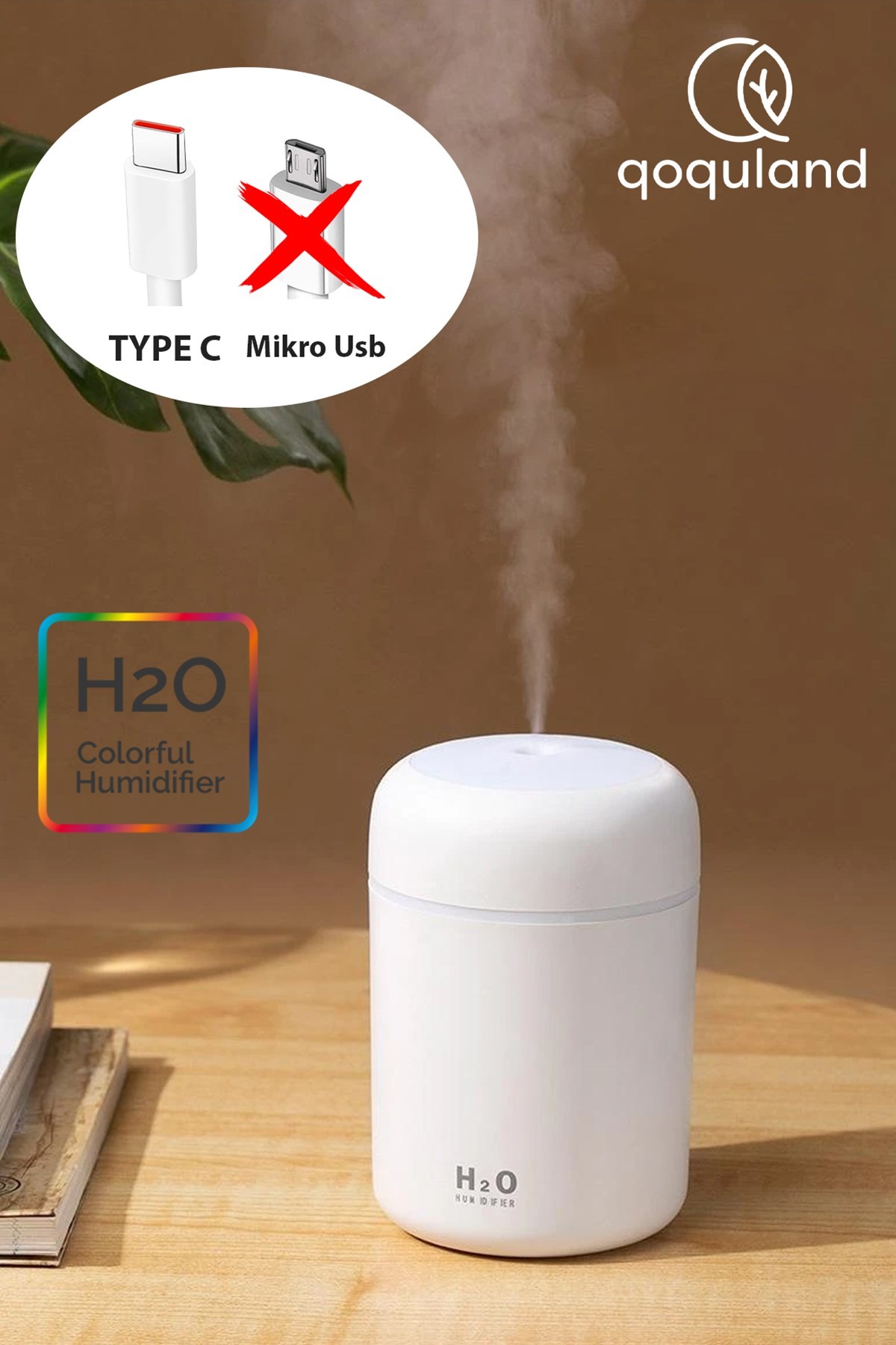 Şarjlı H2o 300 Ml Ultrasonik Hava Nemlendirici Ve Aroma Difüzörü Type C Girişli