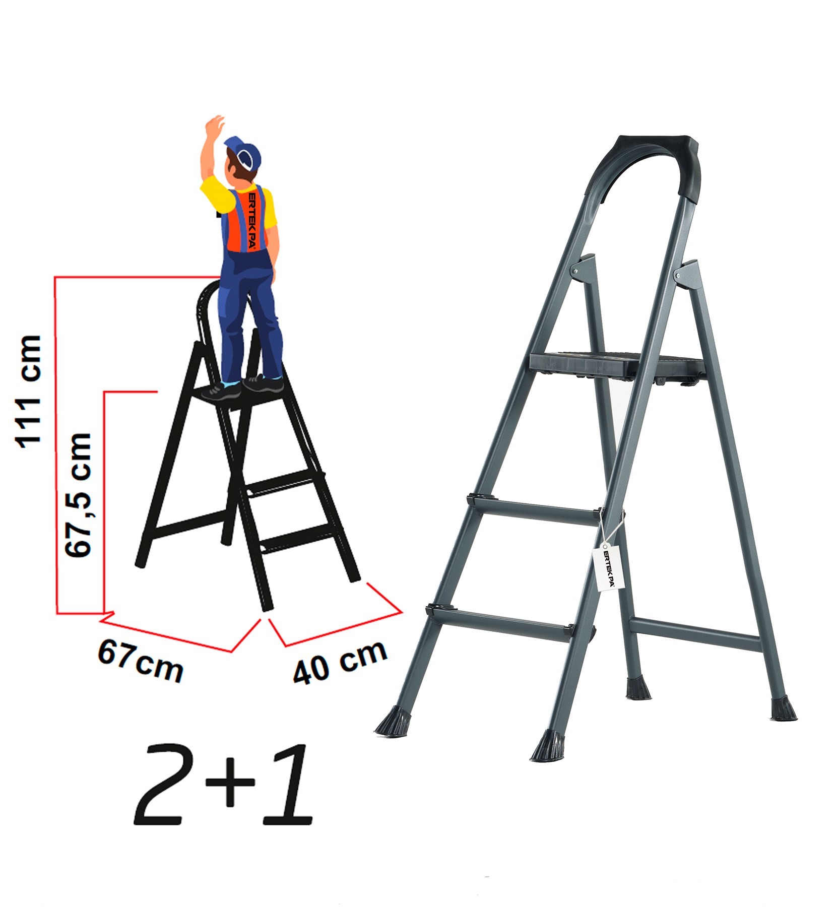 Leo Antrasit Merdiven 2+1 Metal Basamaklı, LEOA2