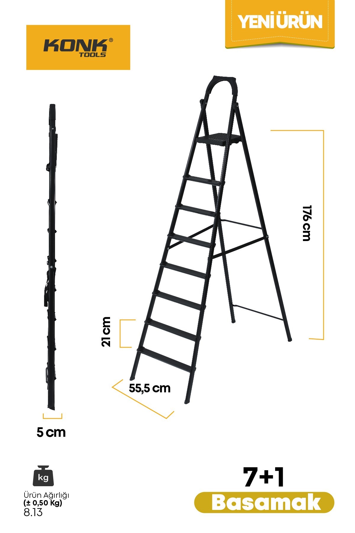 Extra Süper Slim Siyah Merdiven 7+1 Metal Basamaklı Vera7