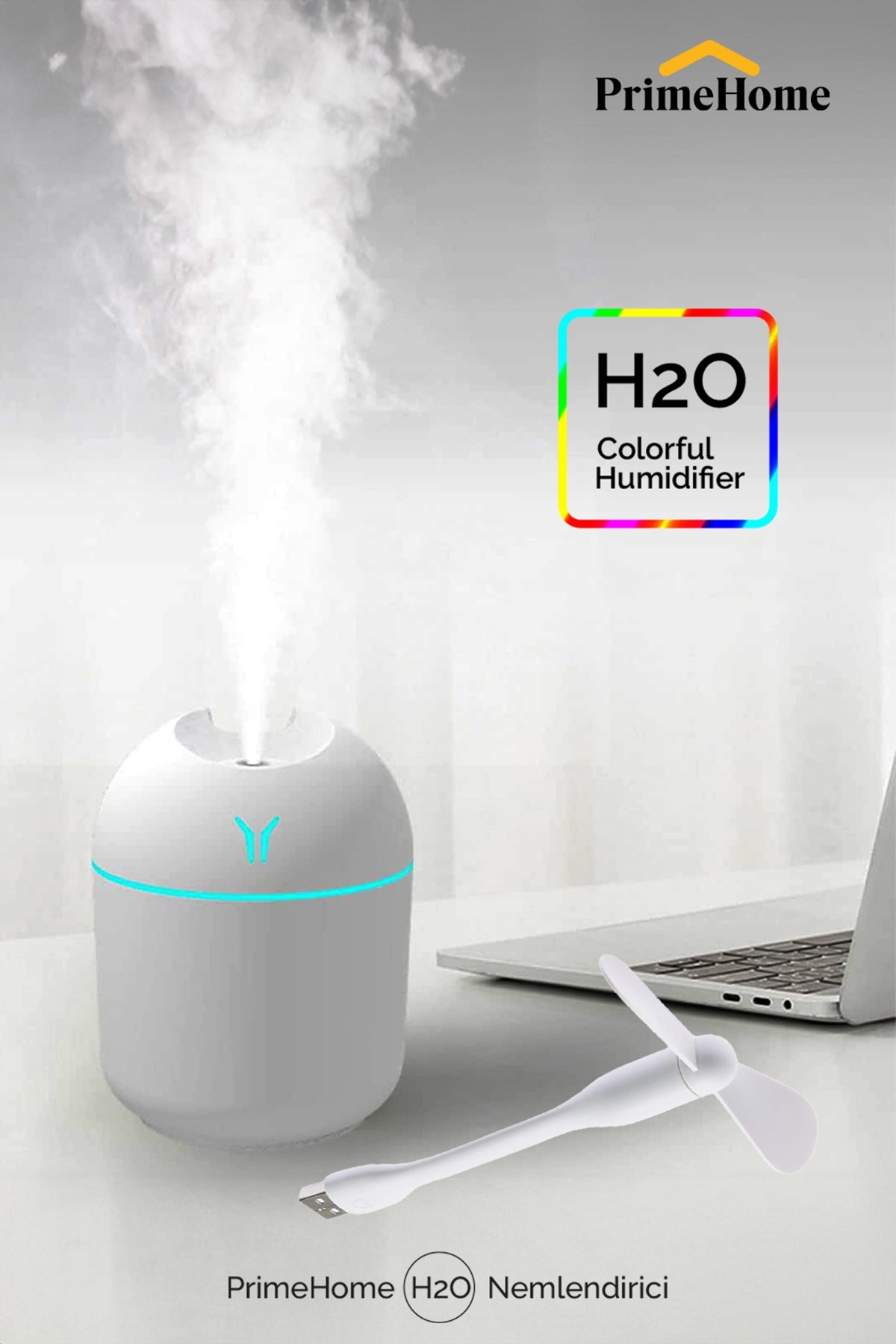 Primehome H2o Humidifier Hava Ultrasonik Ortam Oda Nemlendirici Buhar Makinası 250ML+ Usb Mini Fan