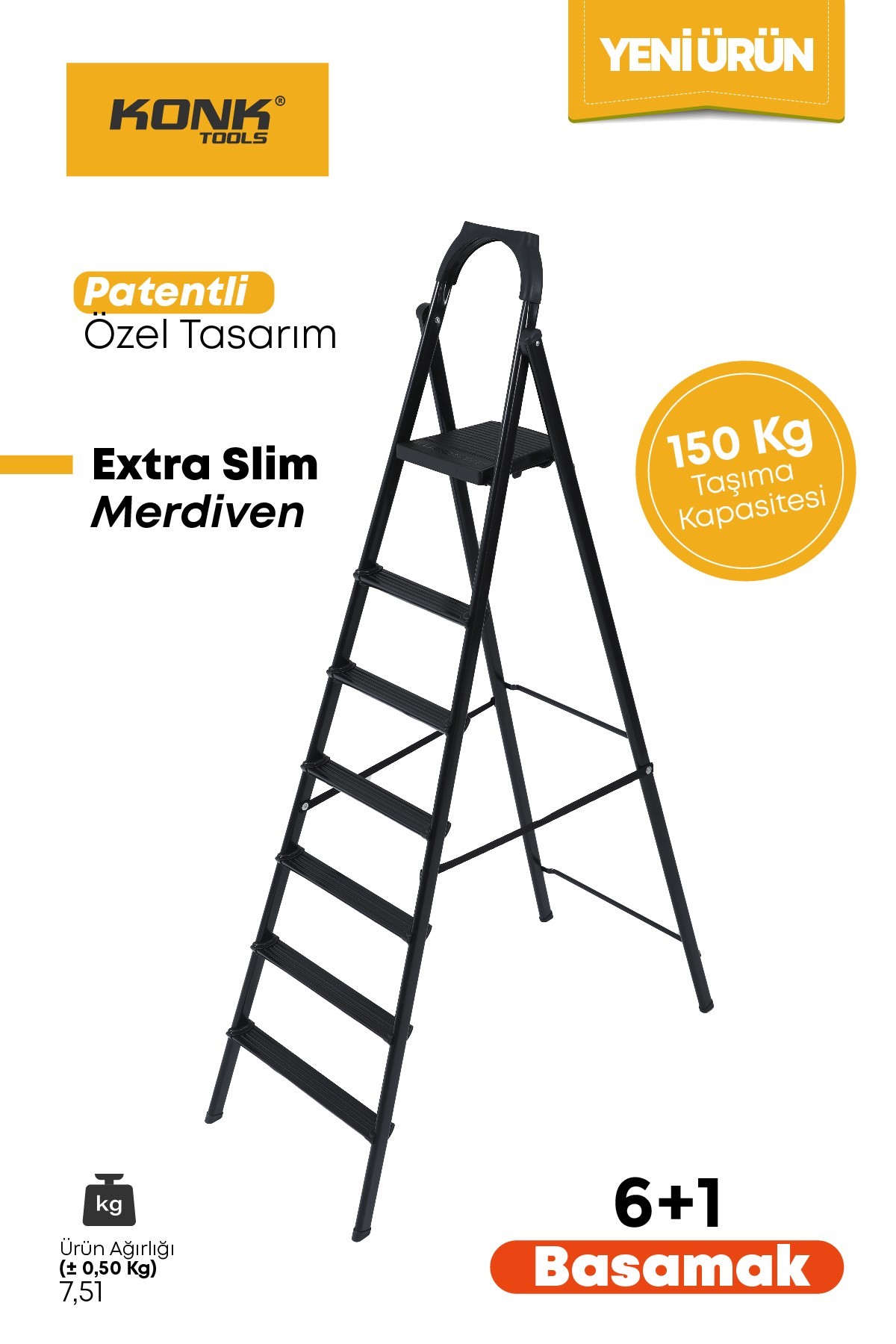 Extra Süper Slim Siyah Merdiven 6+1 Metal Basamaklı Vera6