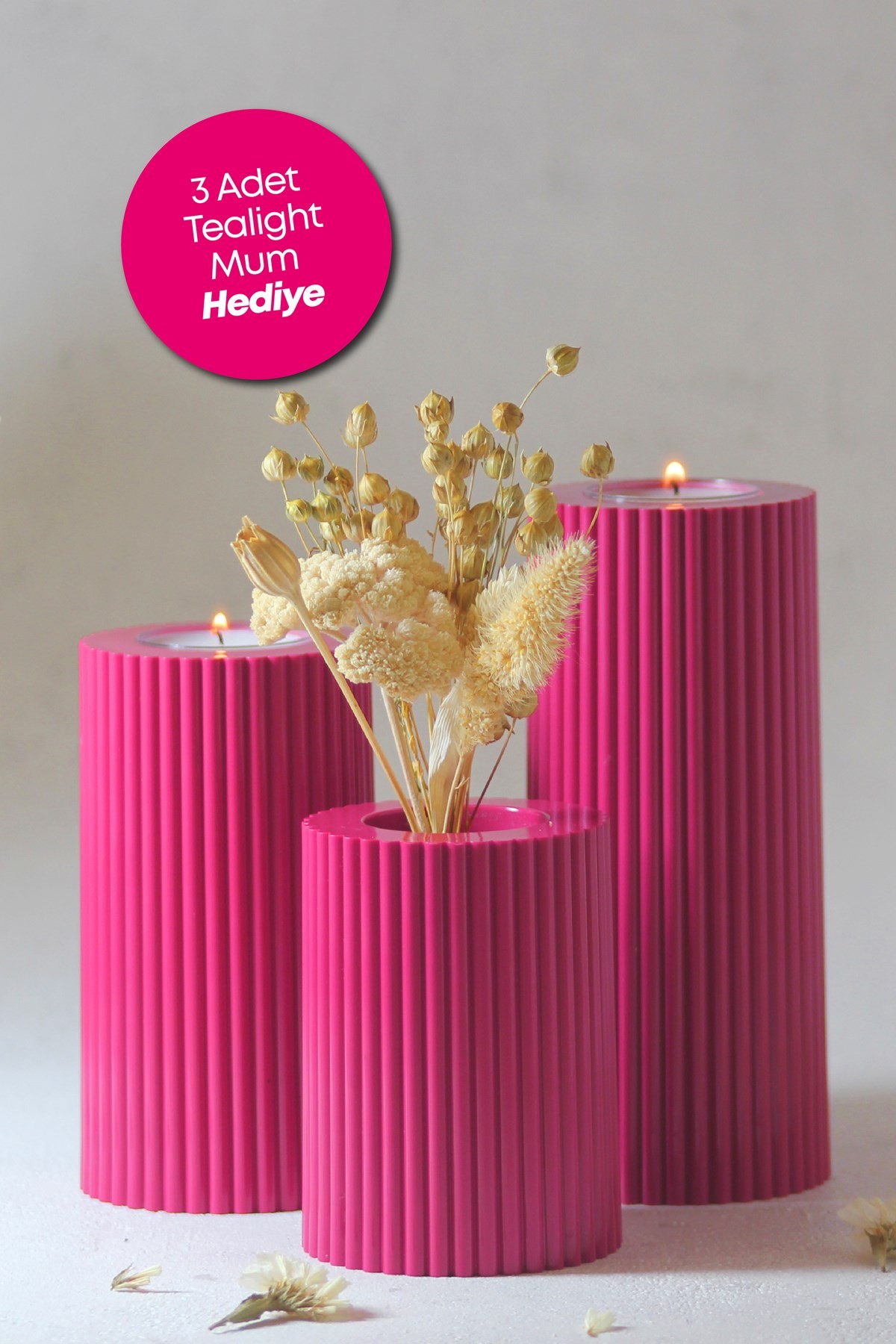 3 Lü Pembe Mumluk Dekoratif  Tealight Set Mum Abs Plastik