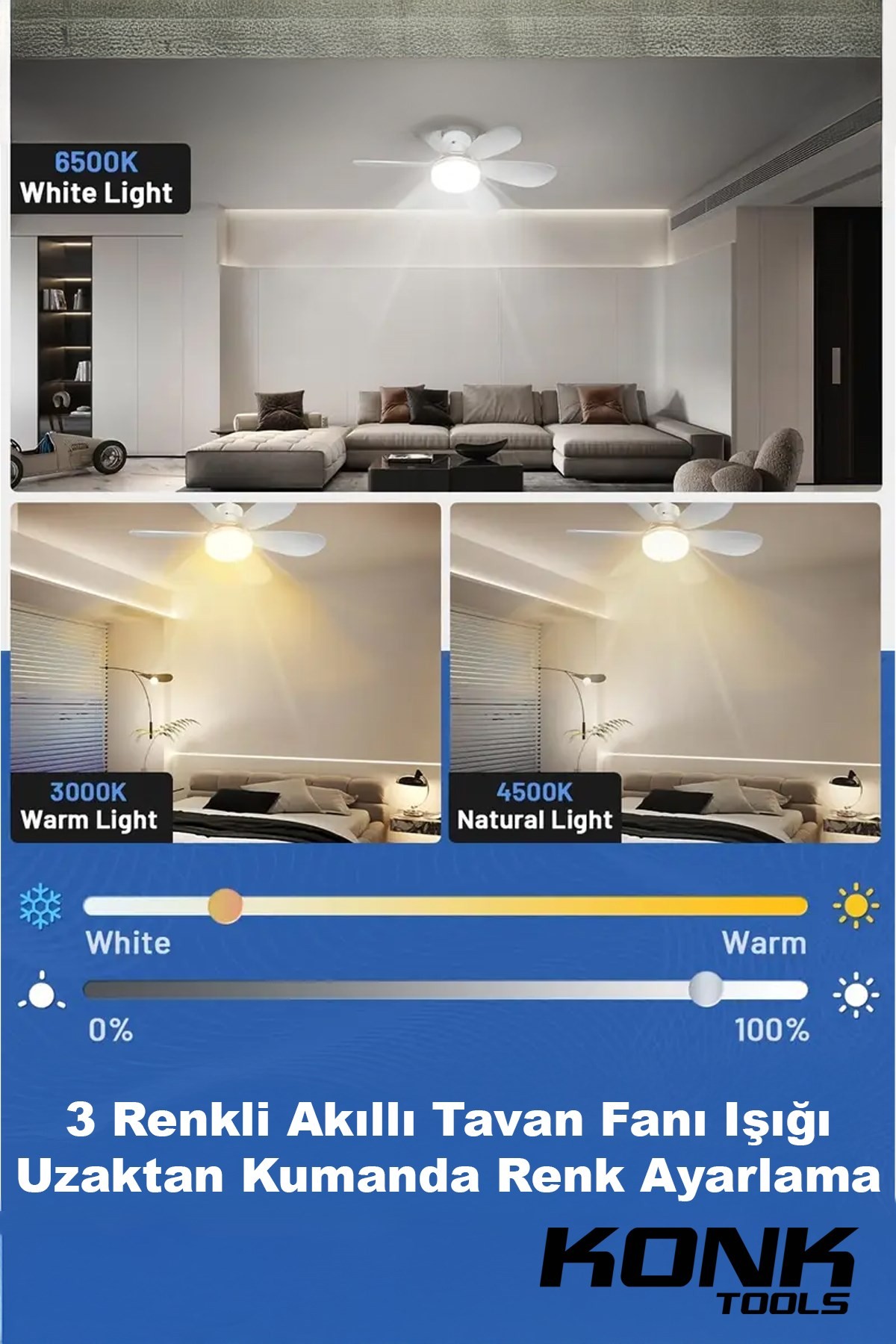 Sessiz Çalışma 6 Kanat Ve Işıklı Uzaktan Kumandalı Tavan Tipi Vantilatör Ekstra 6 Kanat Hediyeli