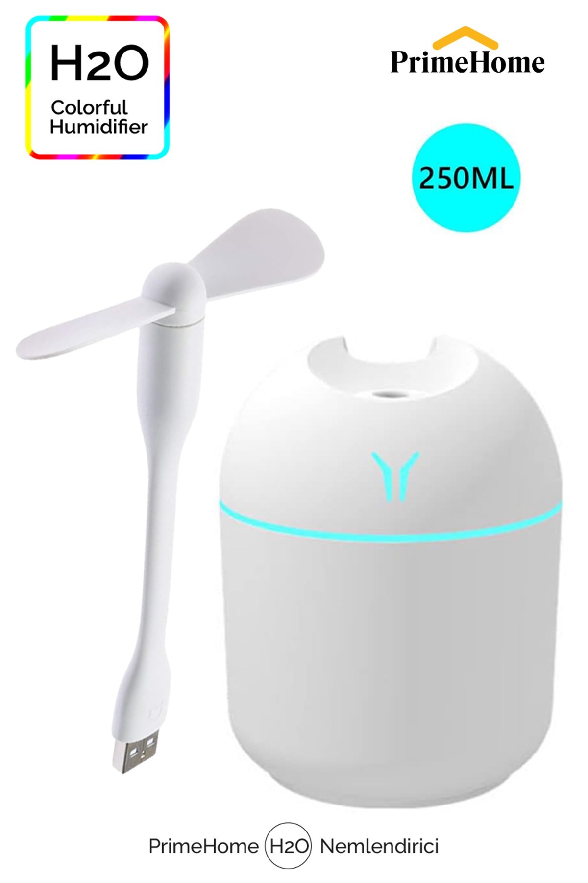 Primehome H2o Humidifier Hava Ultrasonik Ortam Oda Nemlendirici Buhar Makinası 250ML+ Usb Mini Fan