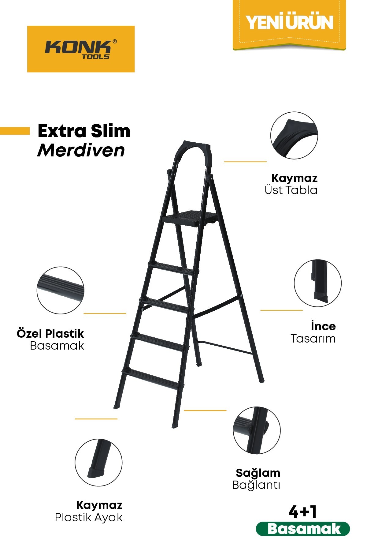 Extra Süper Slim Siyah Merdiven 4+1 Metal Basamaklı Vera4