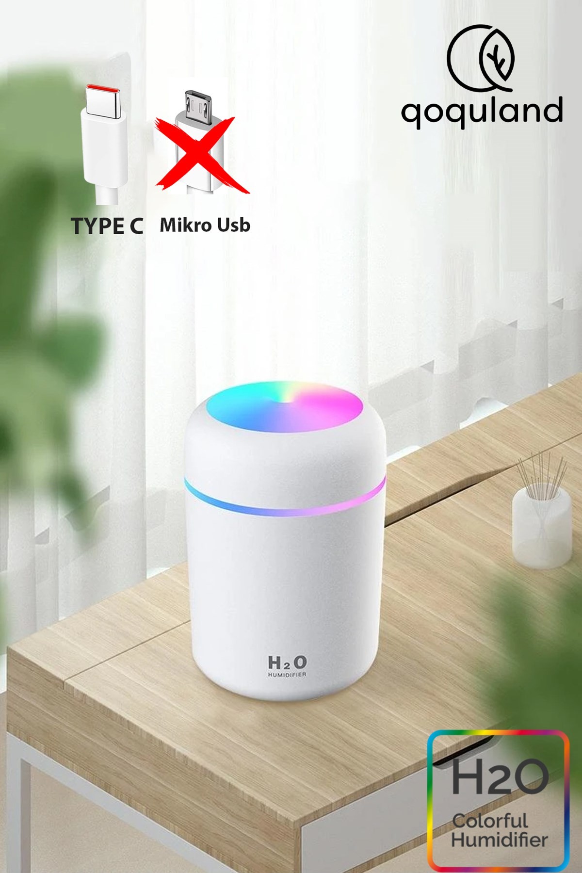 Şarjlı H2o 300 Ml Ultrasonik Hava Nemlendirici Ve Aroma Difüzörü Type C Girişli
