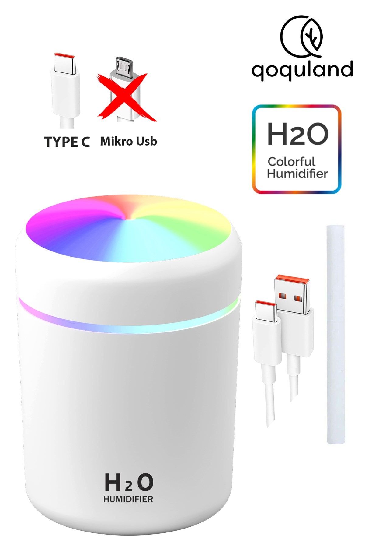 H2o 300 ml Type C Girişli Ultrasonik Hava Nemlendirici Ve Aroma Difüzörü H2o Type C Girişli