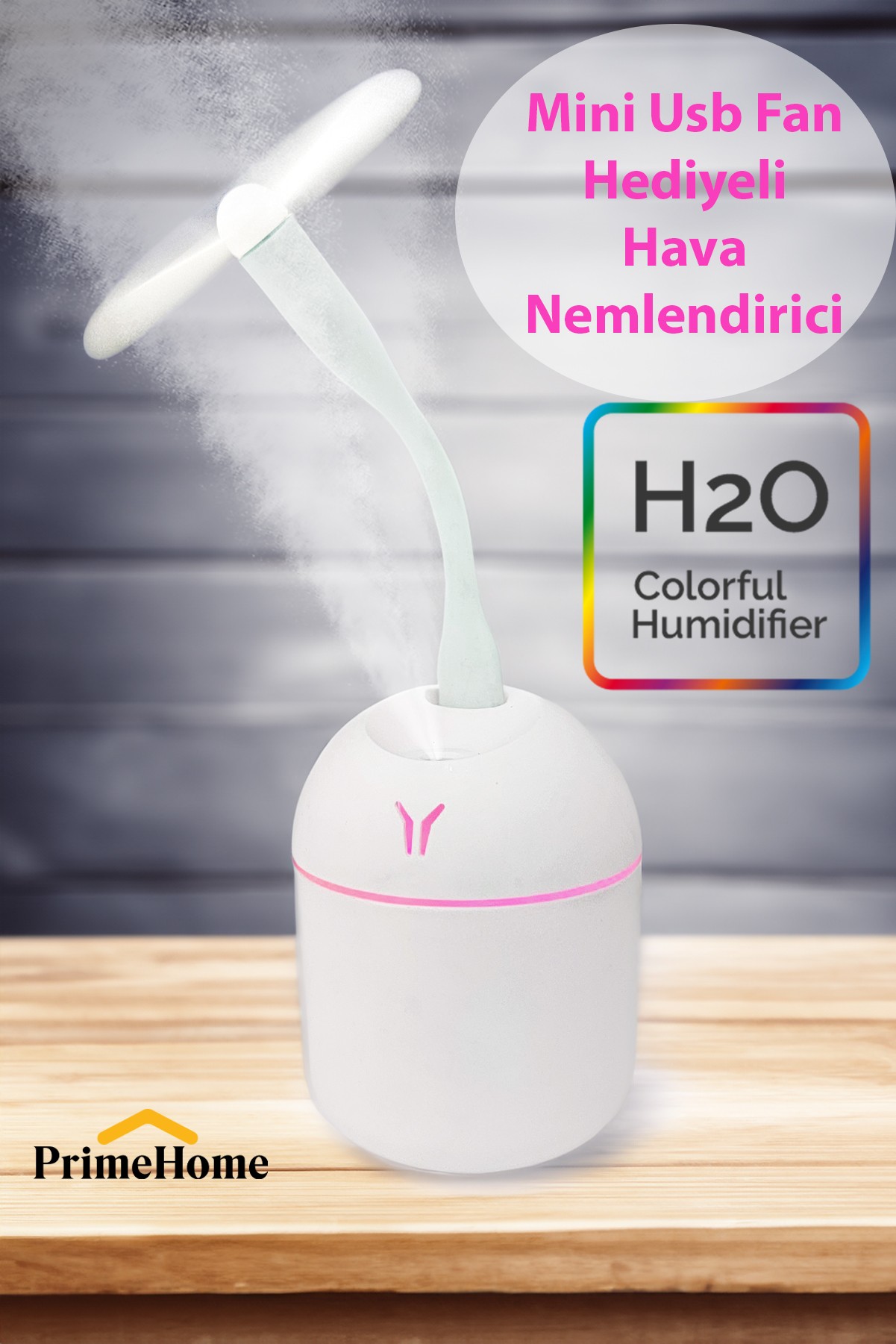 Primehome H2o Humidifier Hava Ultrasonik Ortam Oda Nemlendirici Buhar Makinası 250ML+ Usb Mini Fan