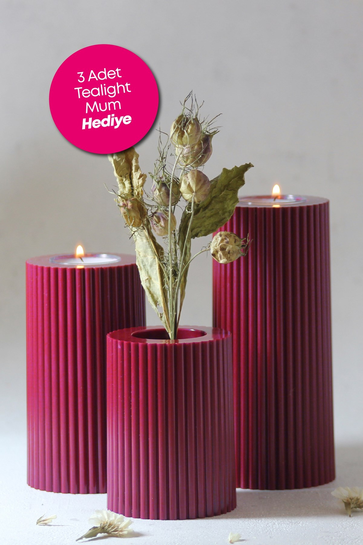 3 Lü Bordo Mumluk Dekoratif  Tealight Set Mum Abs Plastik