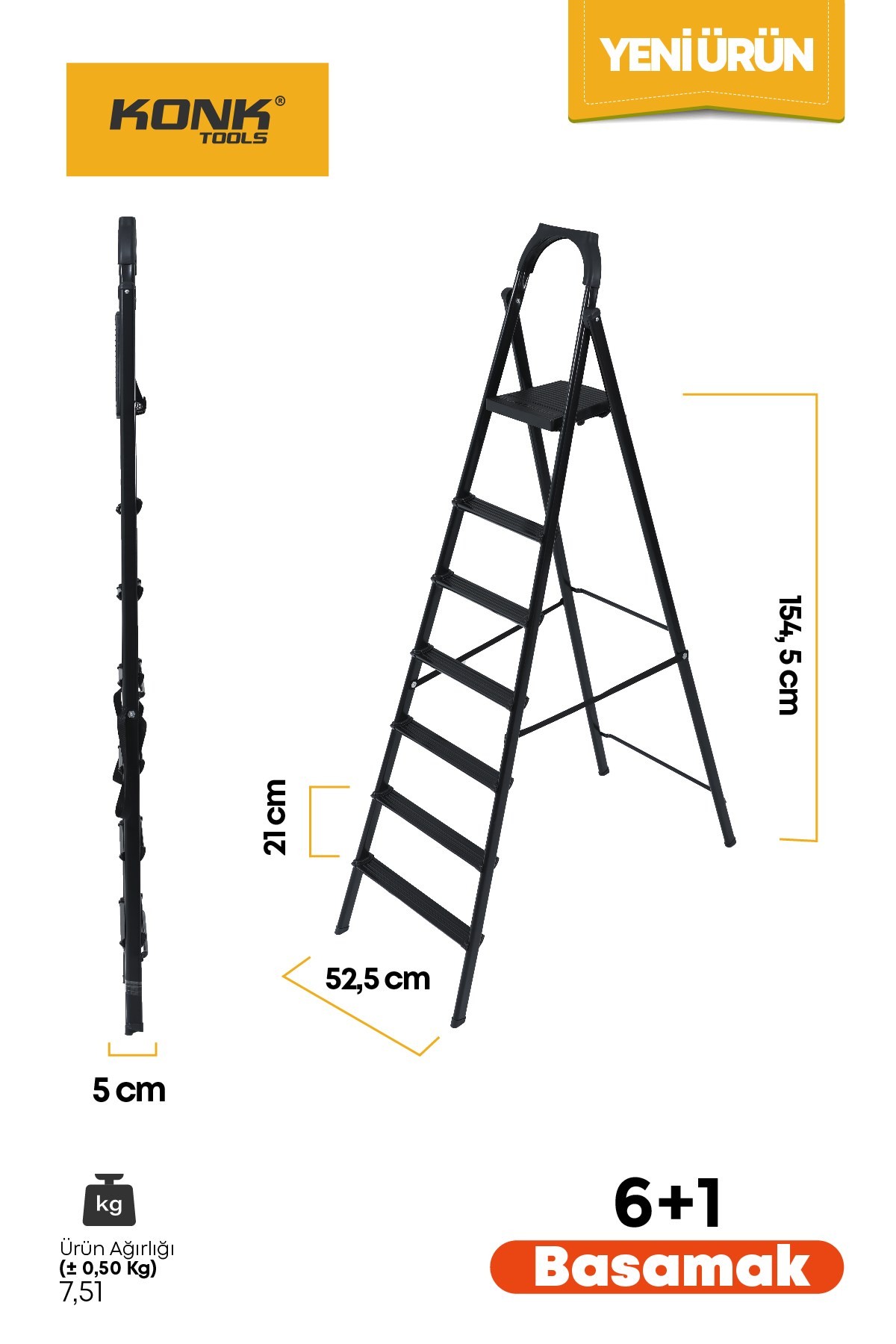 Extra Süper Slim Siyah Merdiven 6+1 Metal Basamaklı Vera6