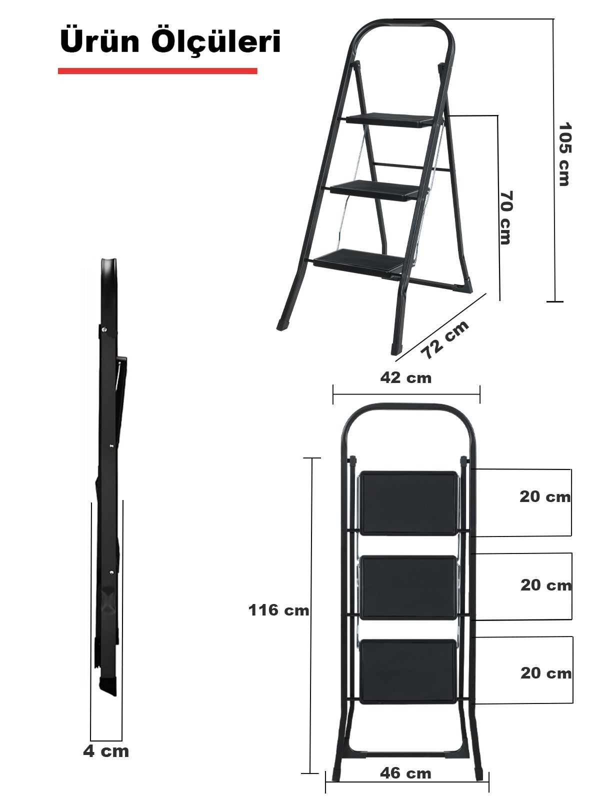 3 Basamak Siyah Merdiven Geniş Basamaklı MiniTower, MT3