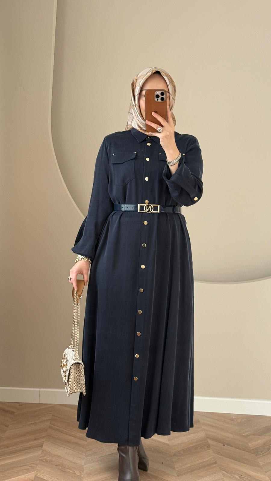 Nuss İpek Cupra Kemer Aksesuarlı Elbise - Lacivert