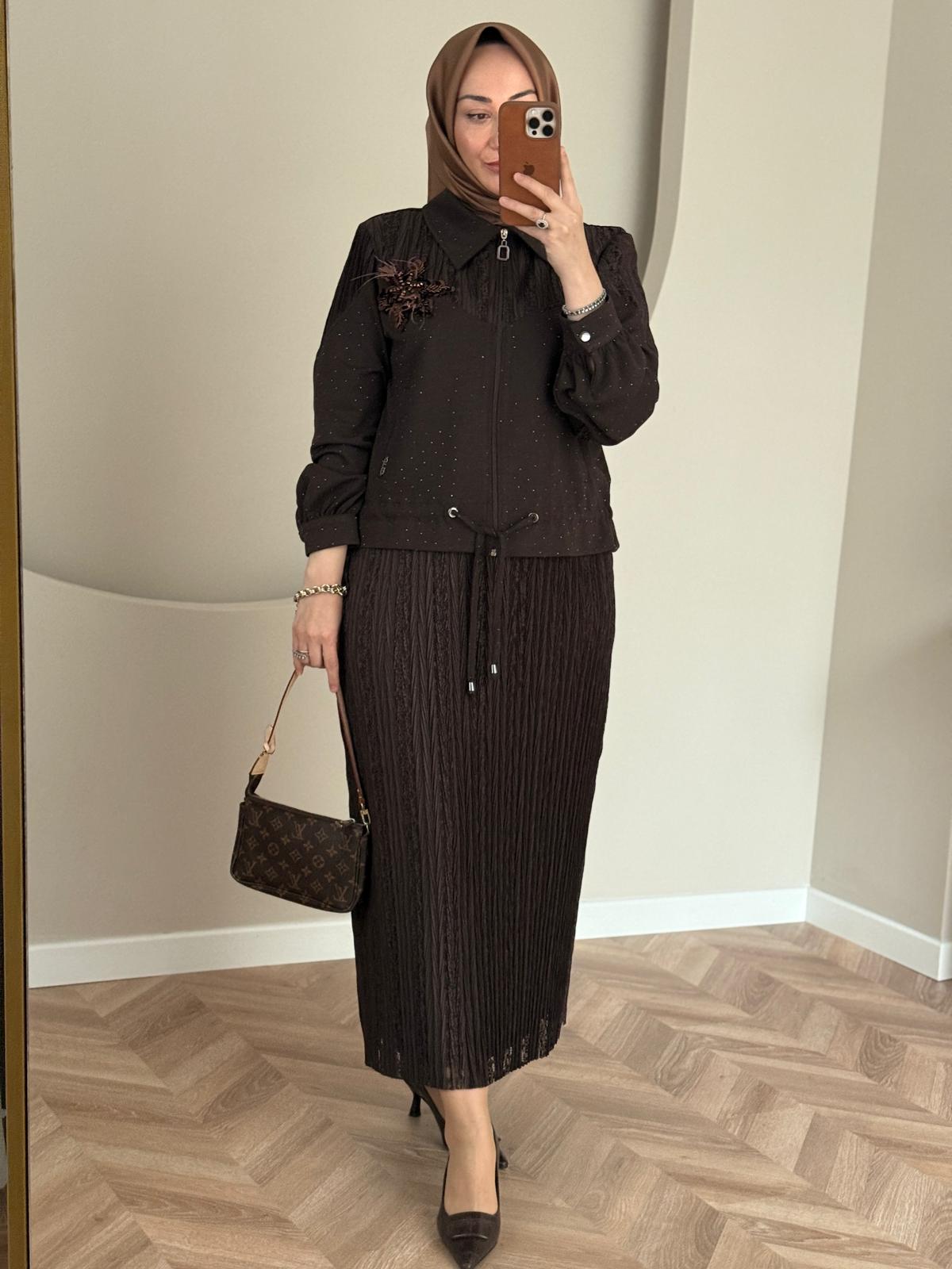 Otto Taşlı Etekli Takım- Kahve