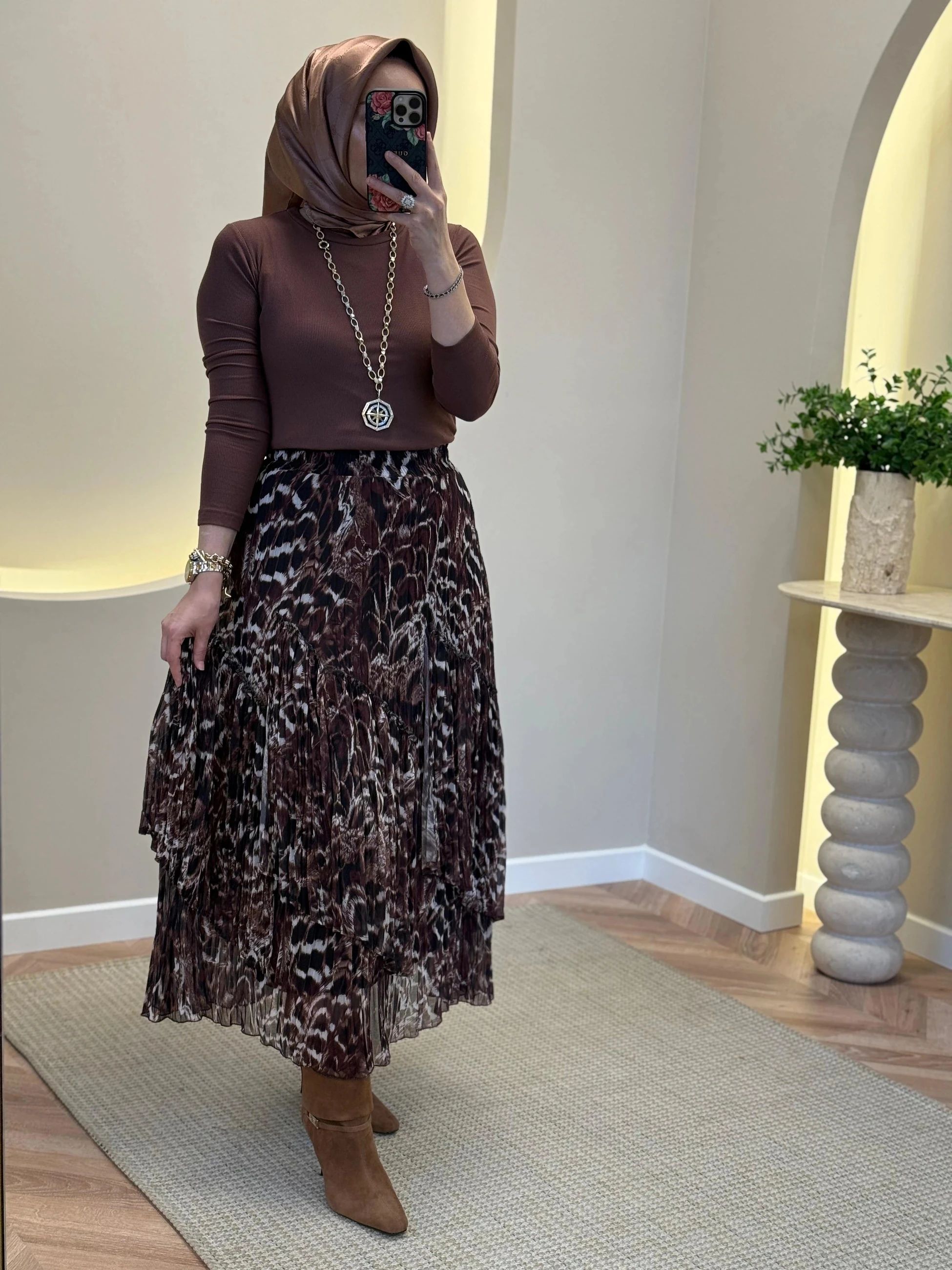 Sentez Viola Leopar Etek - Kahverengi