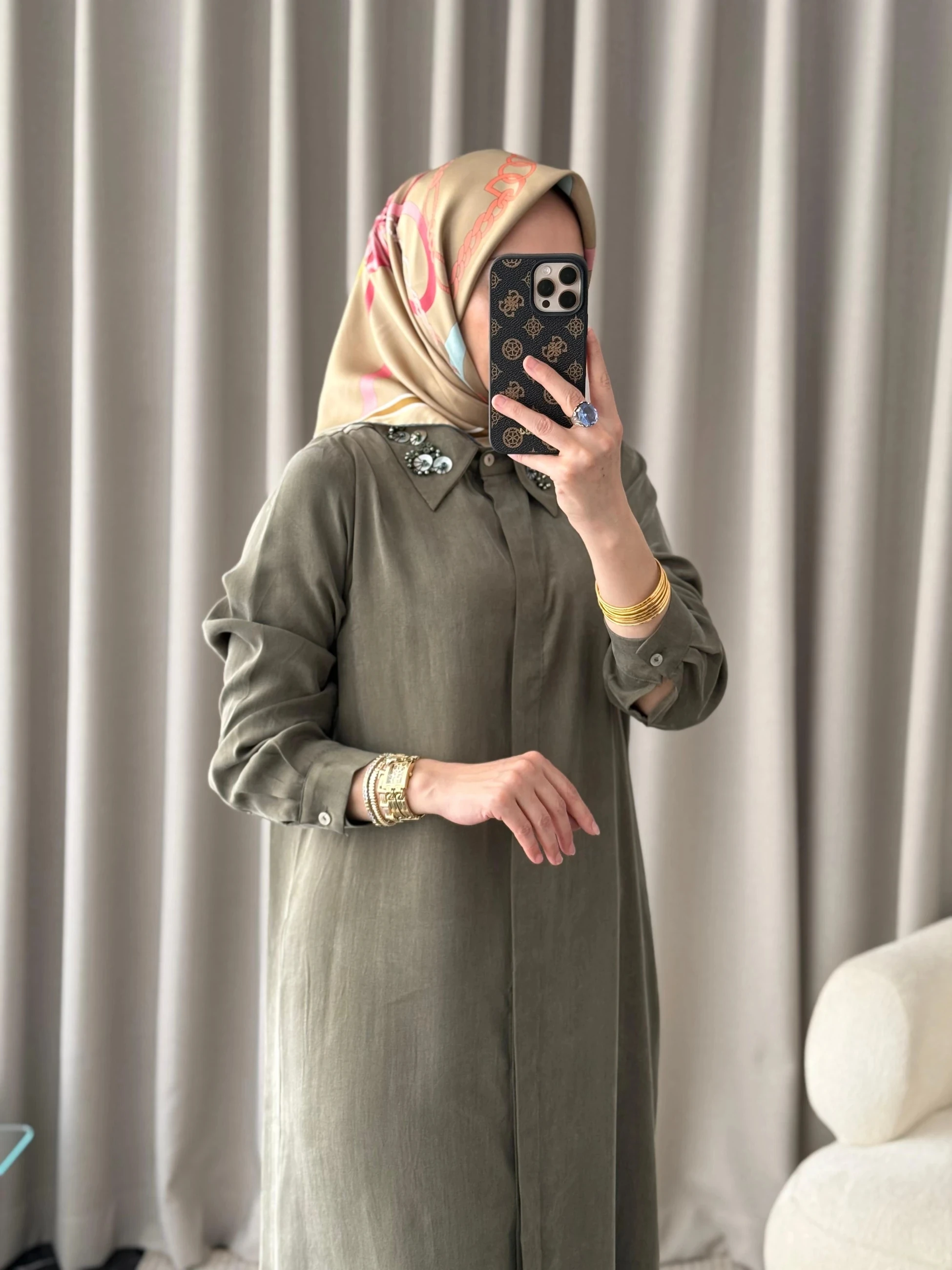 Qeffa Yakası Pullu Gömlek Elbise - Haki