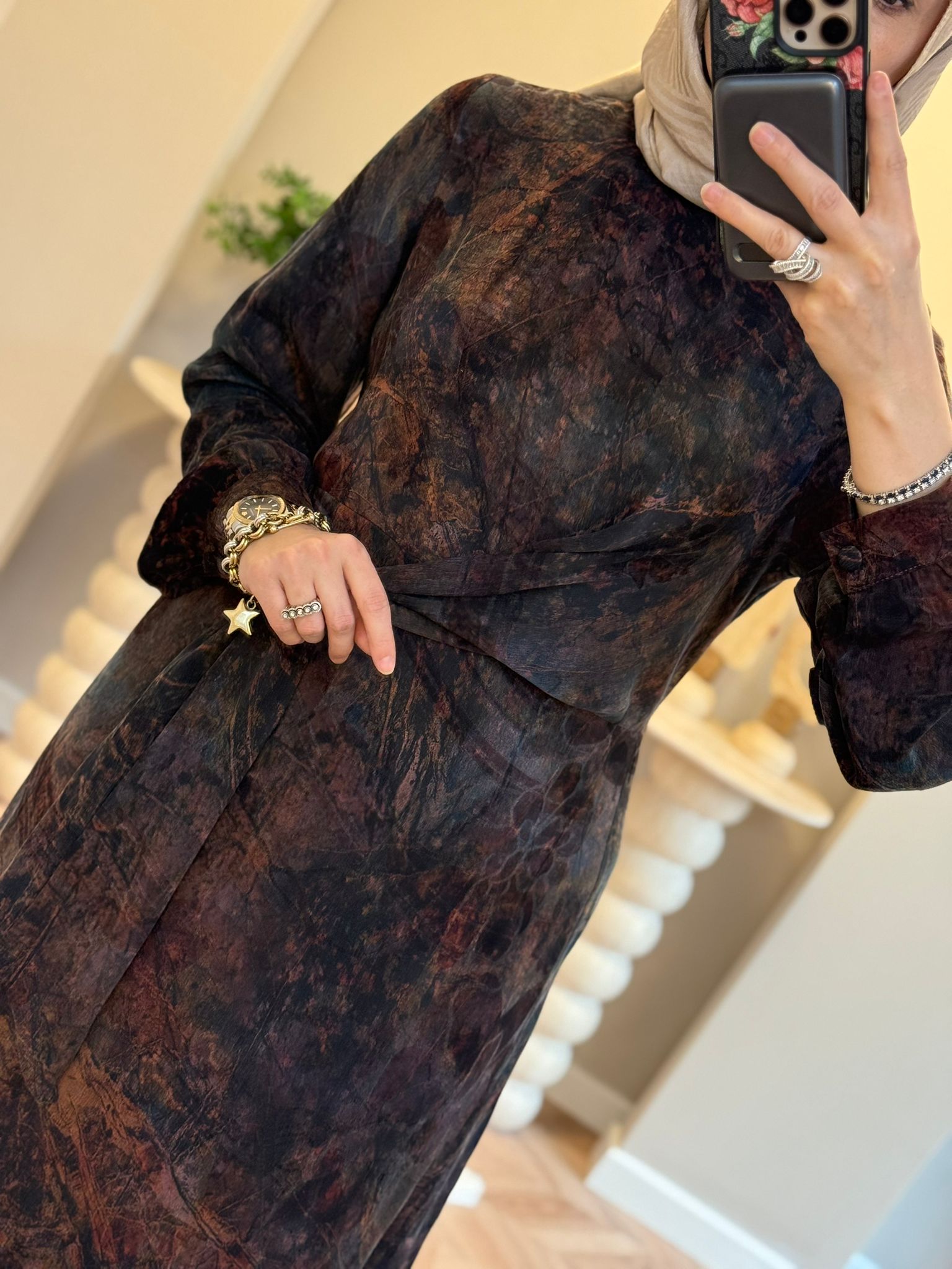 Nuss Bel Detaylı Desenli Elbise