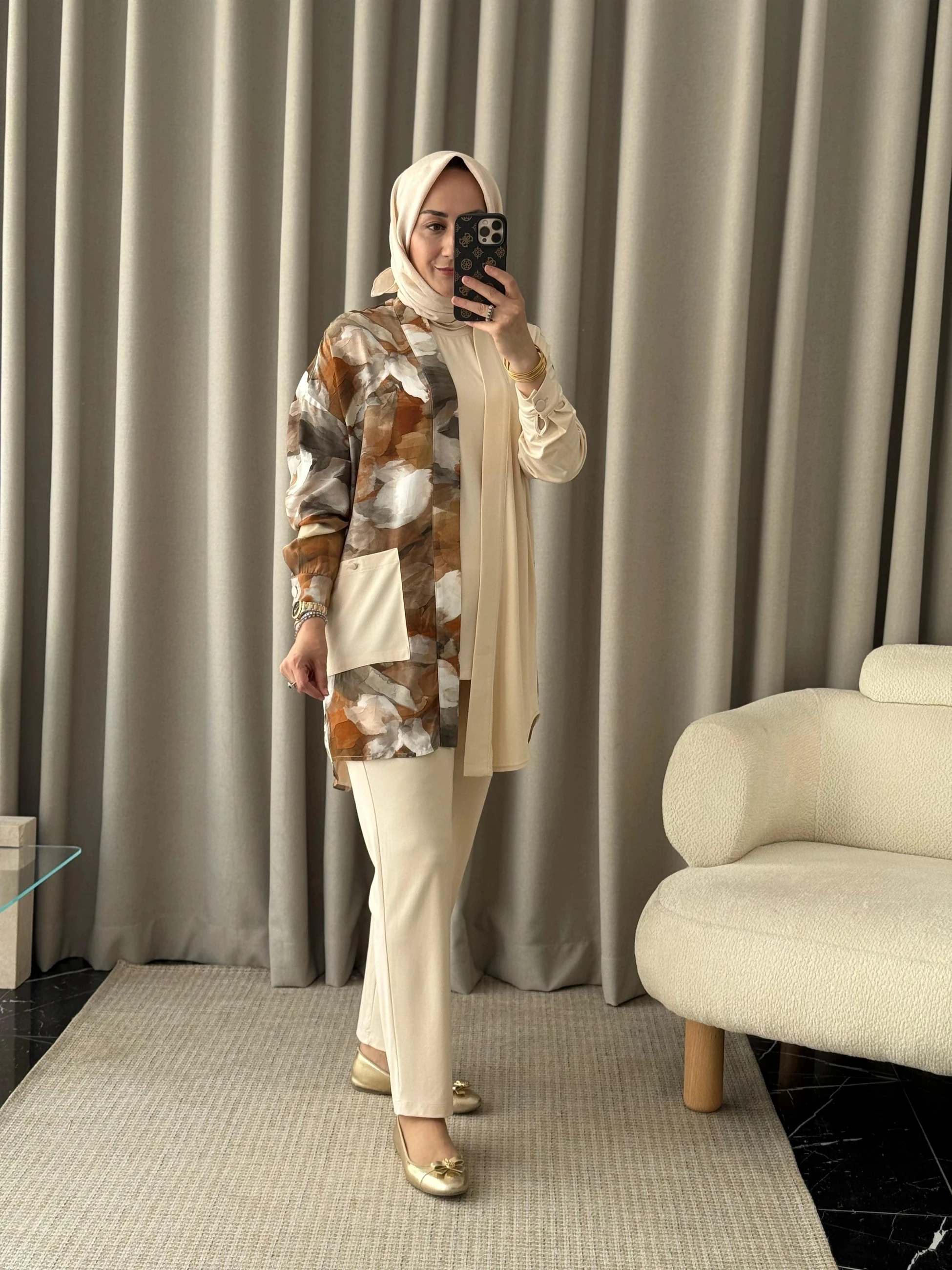 Tığ Triko Asimetrik Kesim Üçlü Takım - Bej