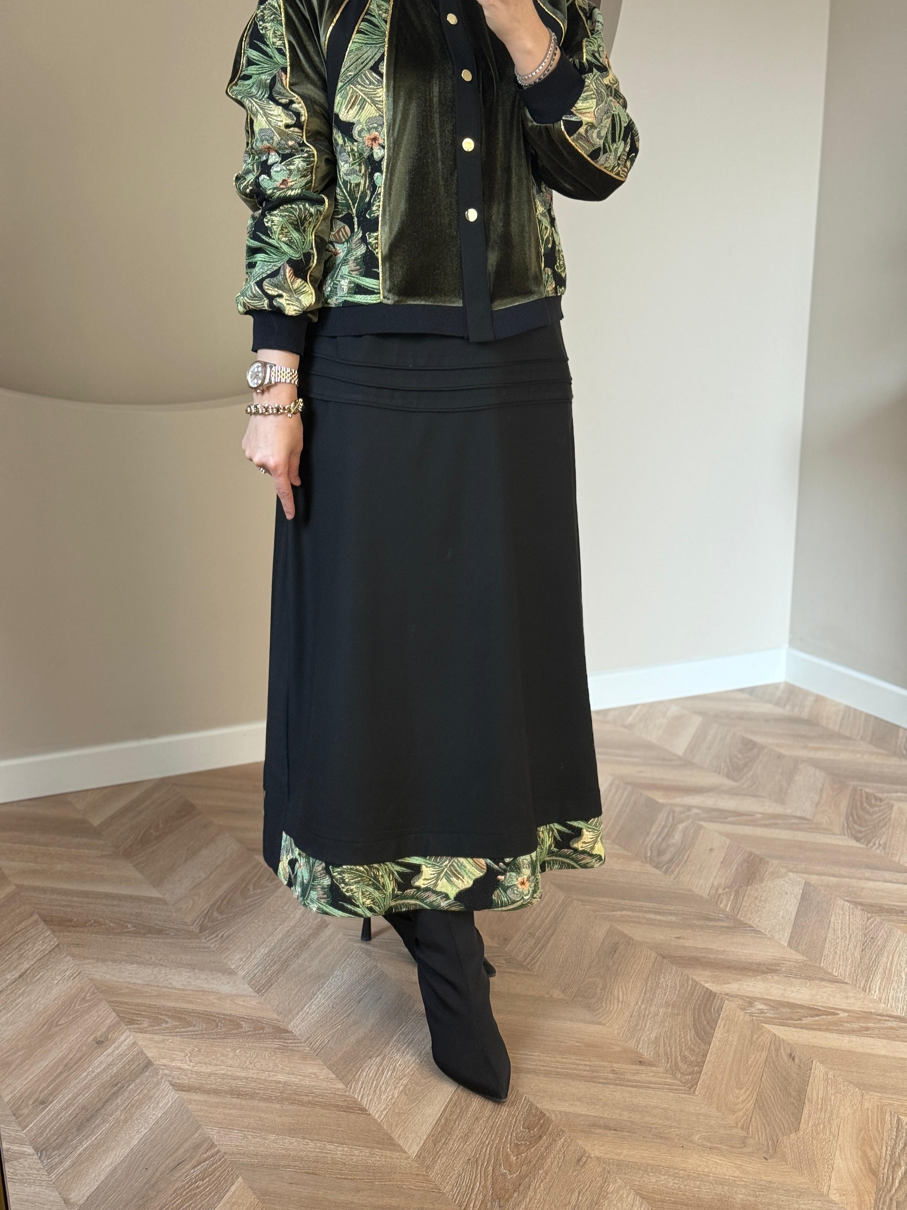 Ghisa Kadife Kumaş Kombinli Etekli Takım-Siyah