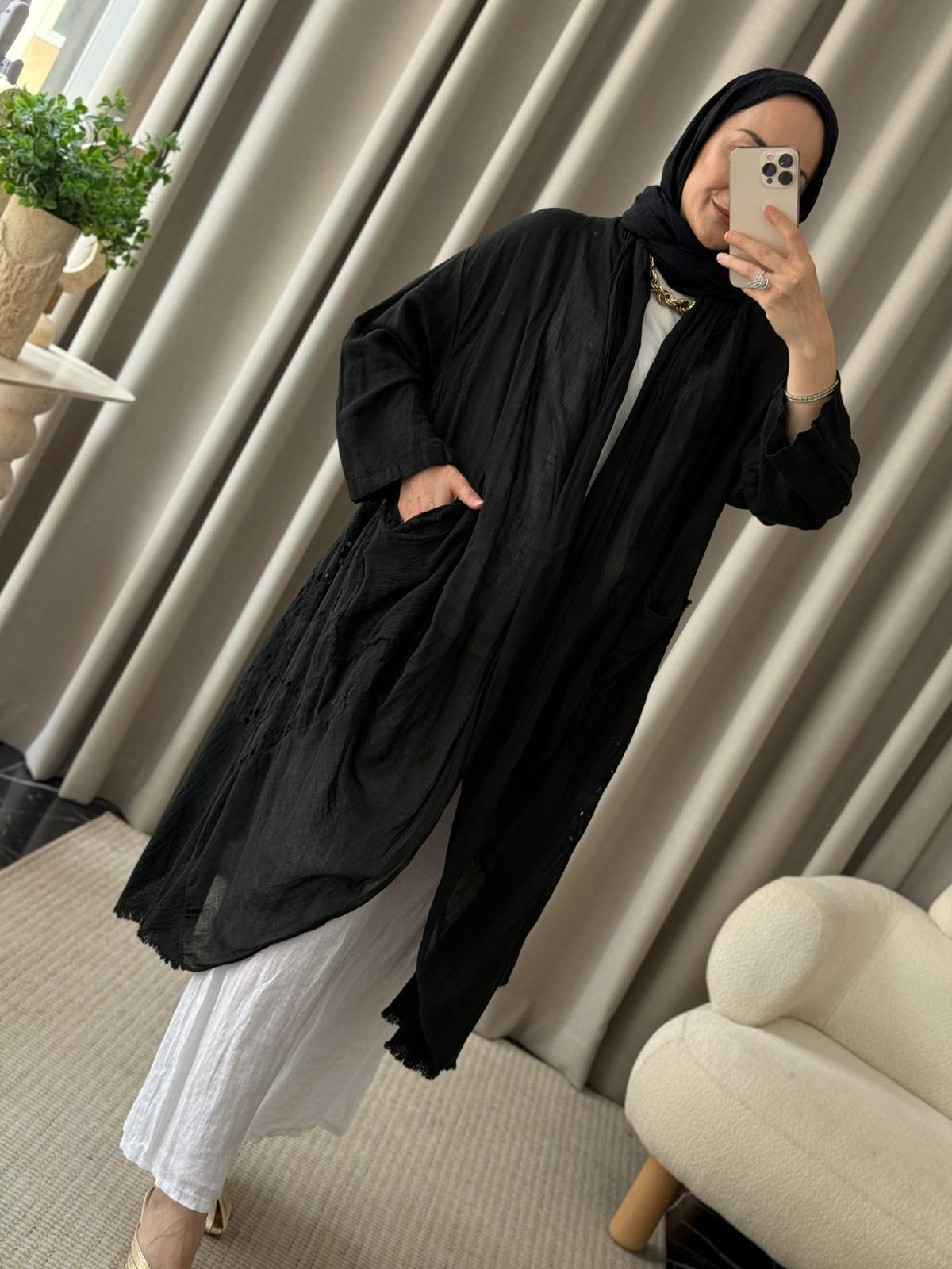 İthal Keten Asimetrik Kesim Kap - Siyah