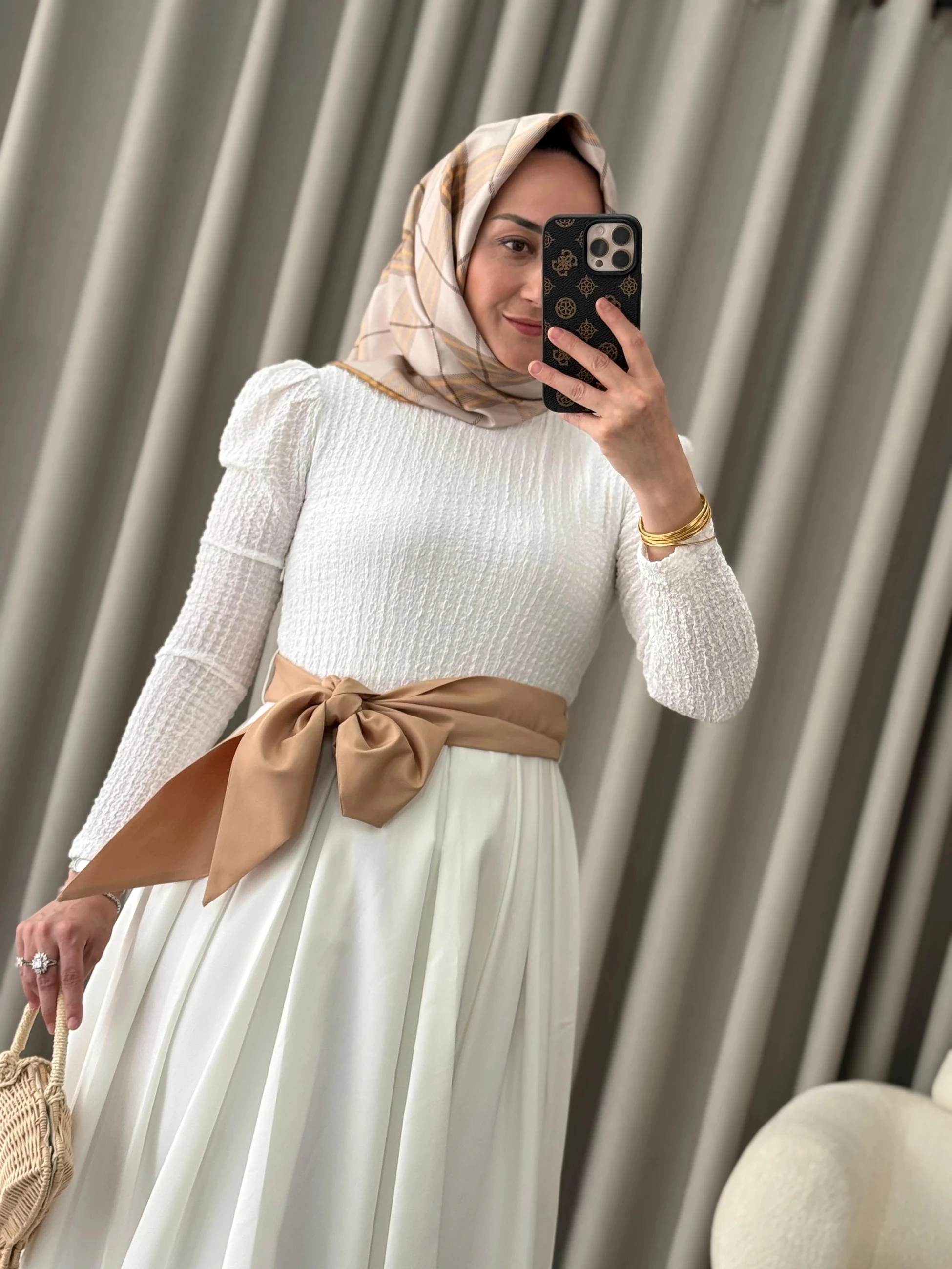 Kahma Kemerli Beyaz Elbise