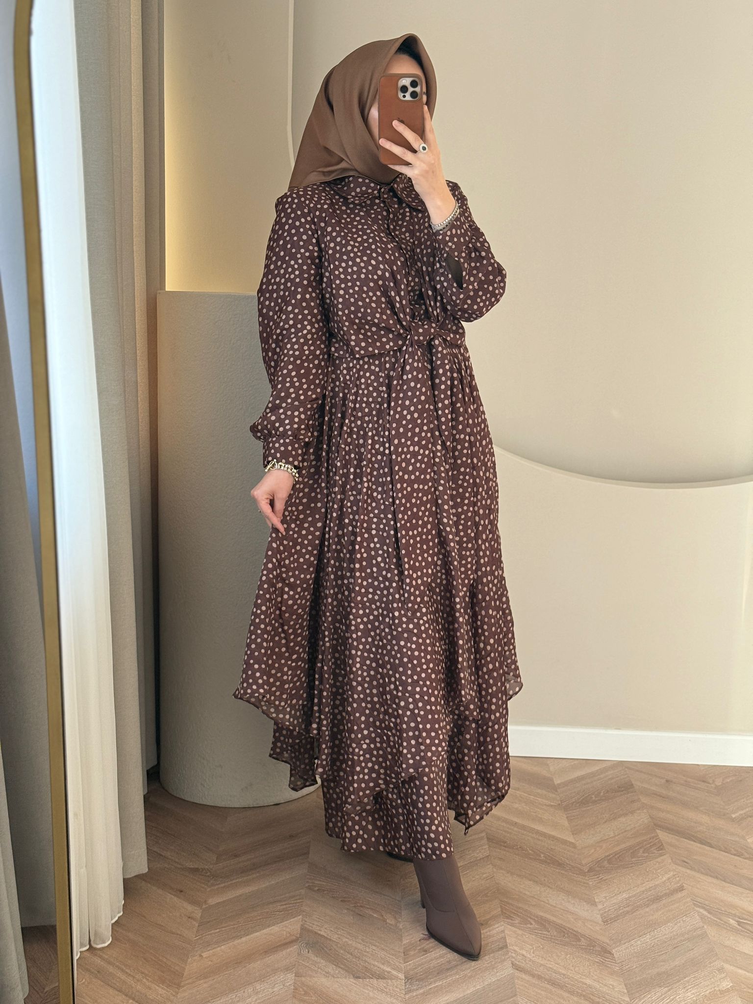 Kahma Puantiyeli Elbise- Kahve