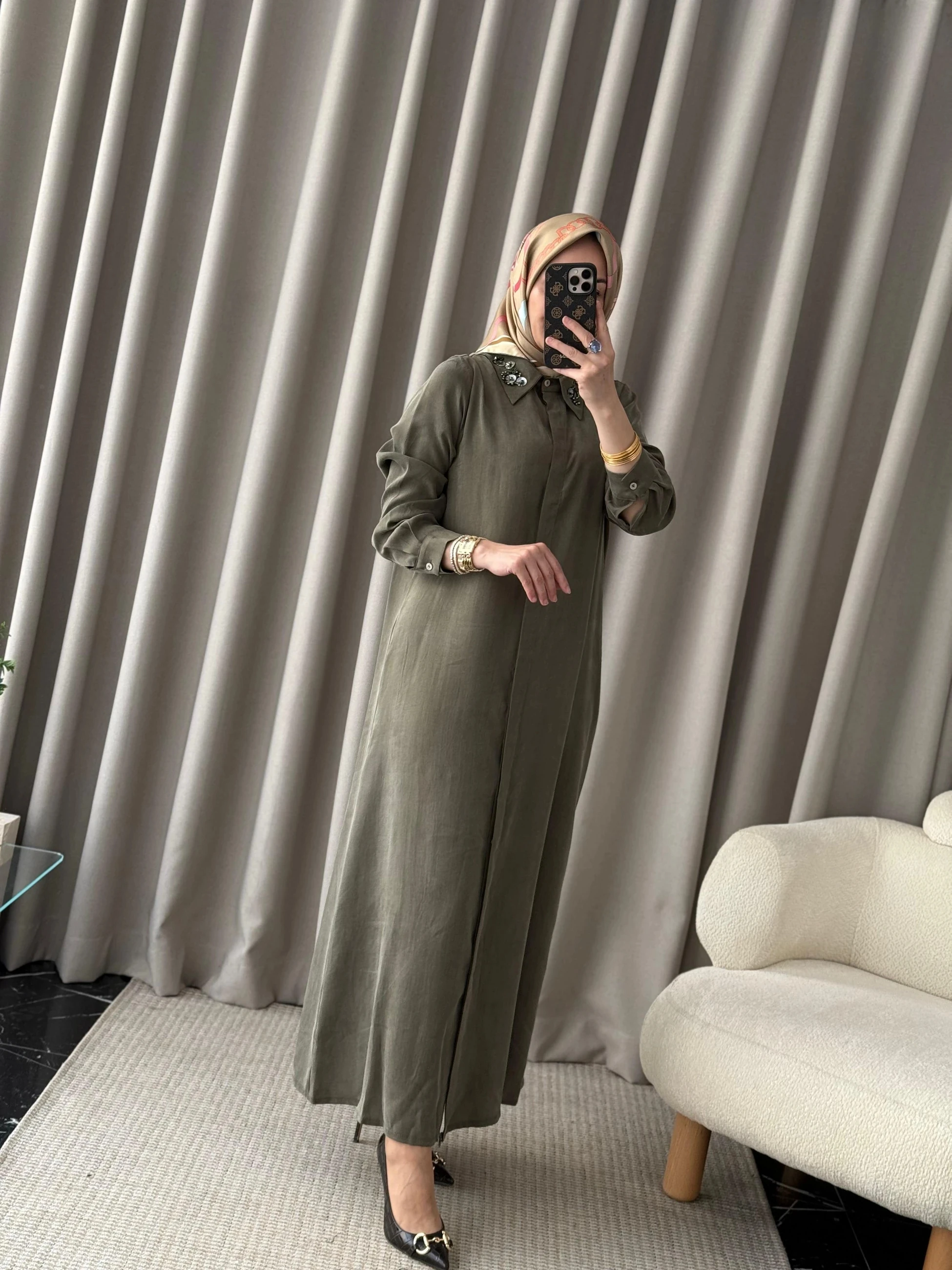 Qeffa Yakası Pullu Gömlek Elbise - Haki