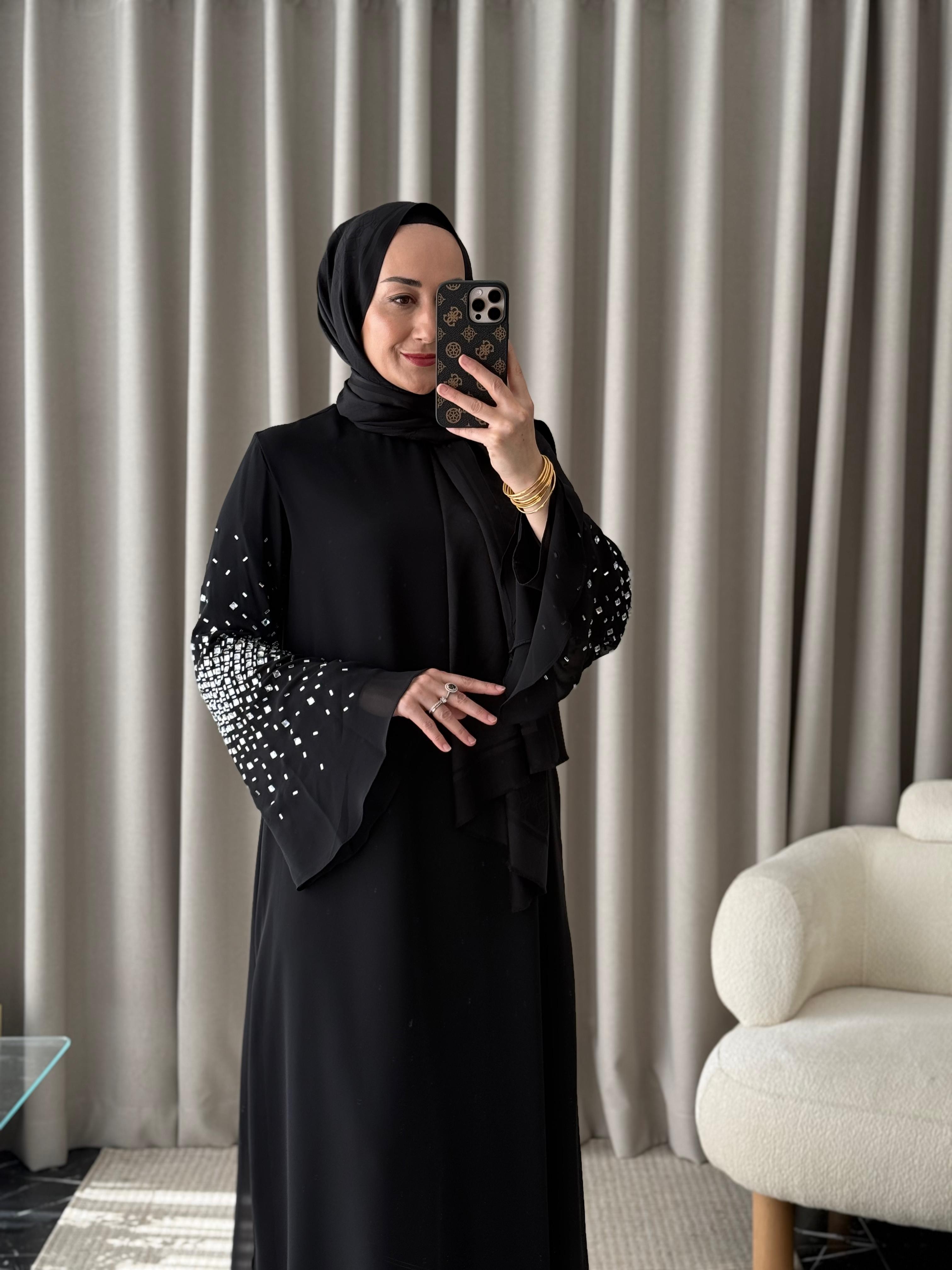 Qeffa Kolları Taş Detay Şifon Elbise