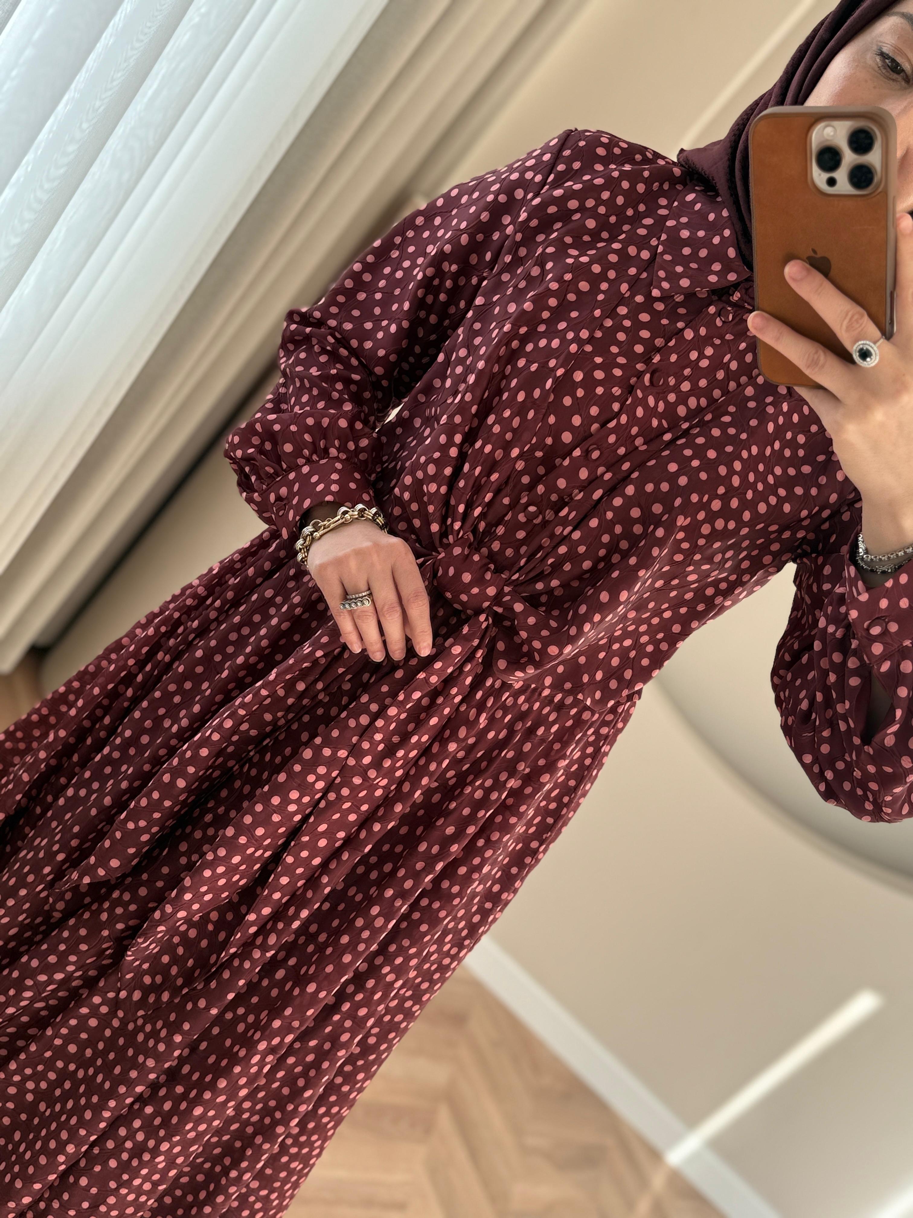 Kahma Puantiyeli Elbise- Bordo